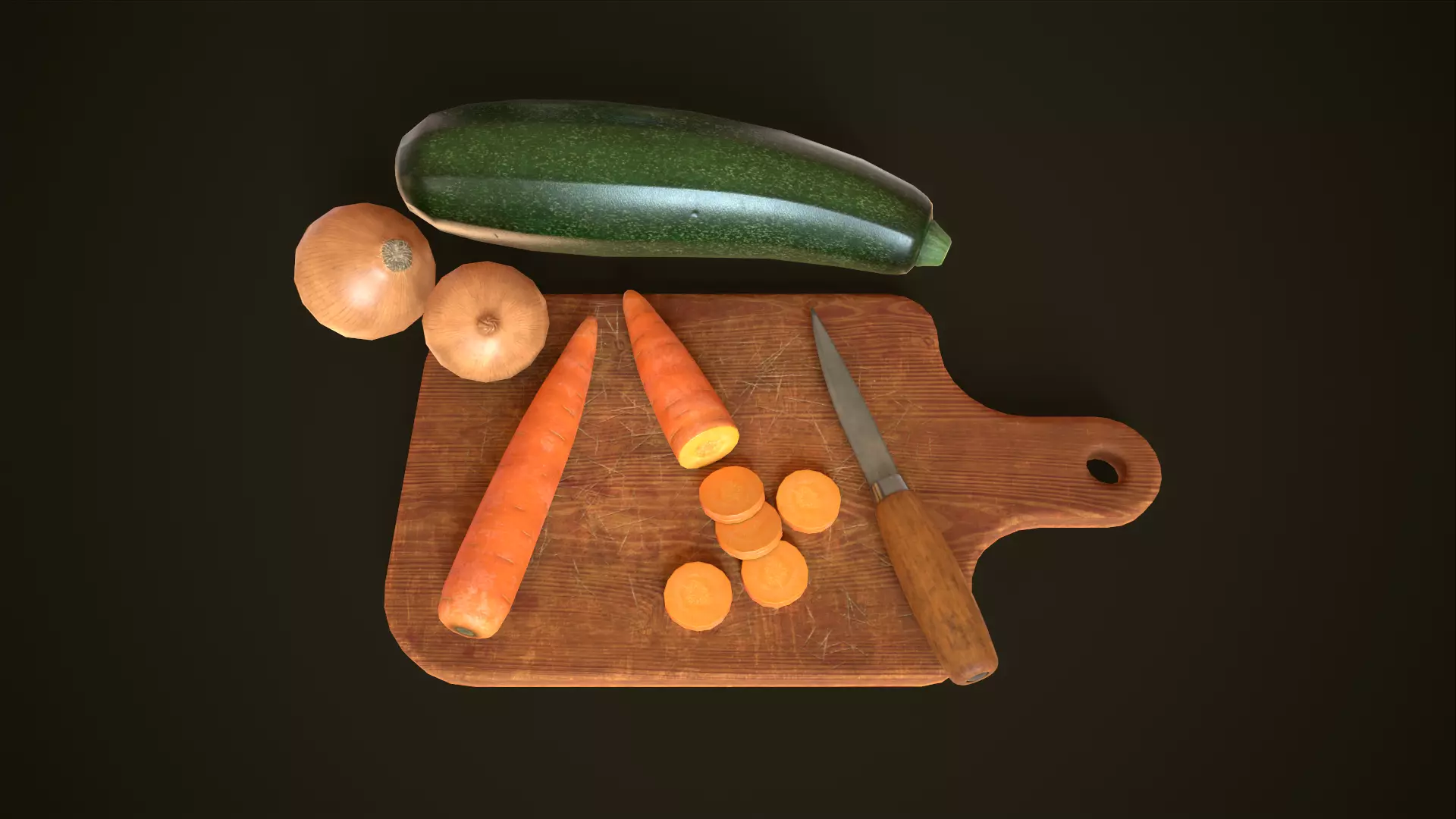 Cutting board vegetables and knife Asset Pack Low-poly 3D model_0