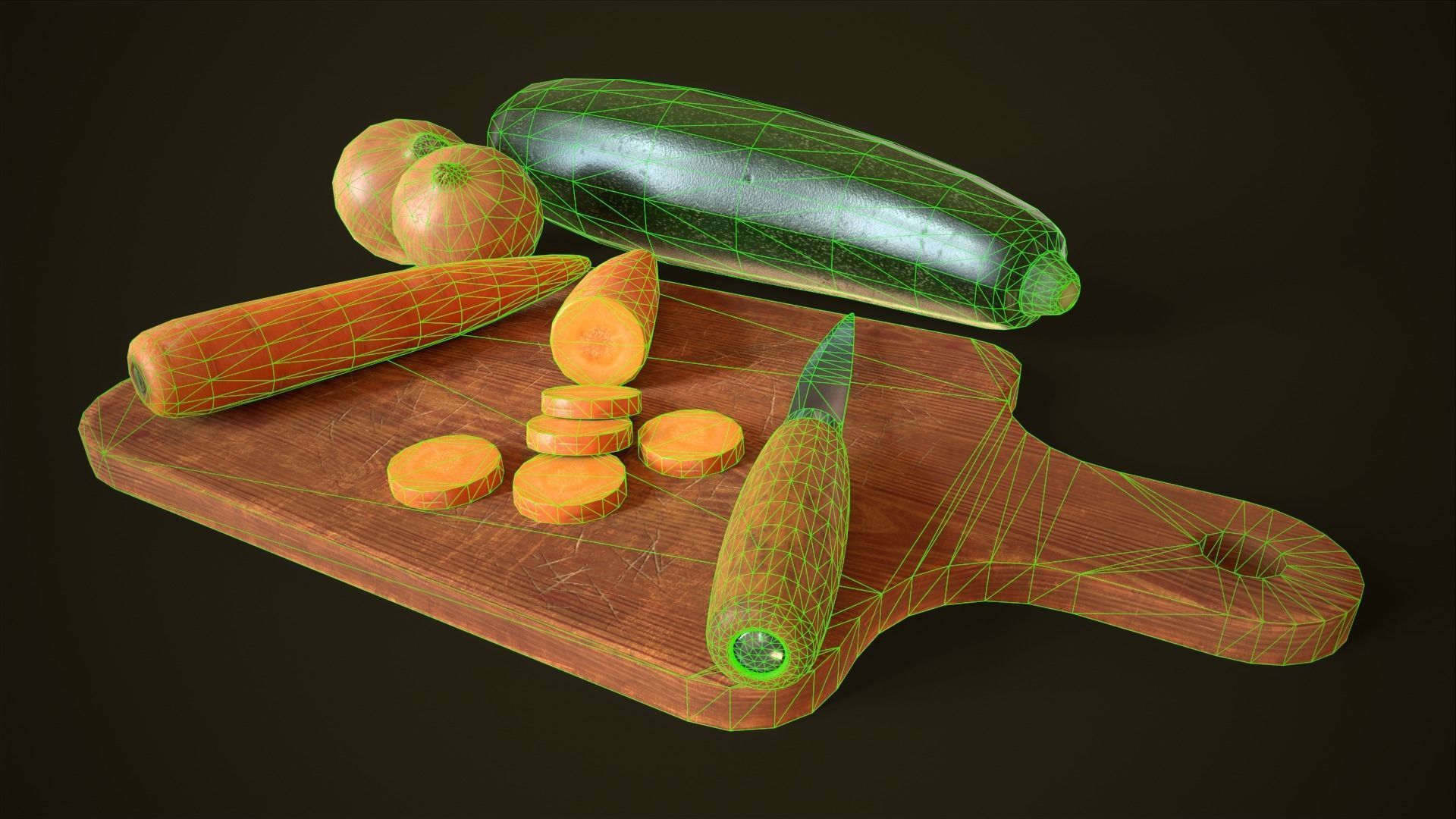 Cutting board vegetables and knife Asset Pack Low-poly 3D model_2