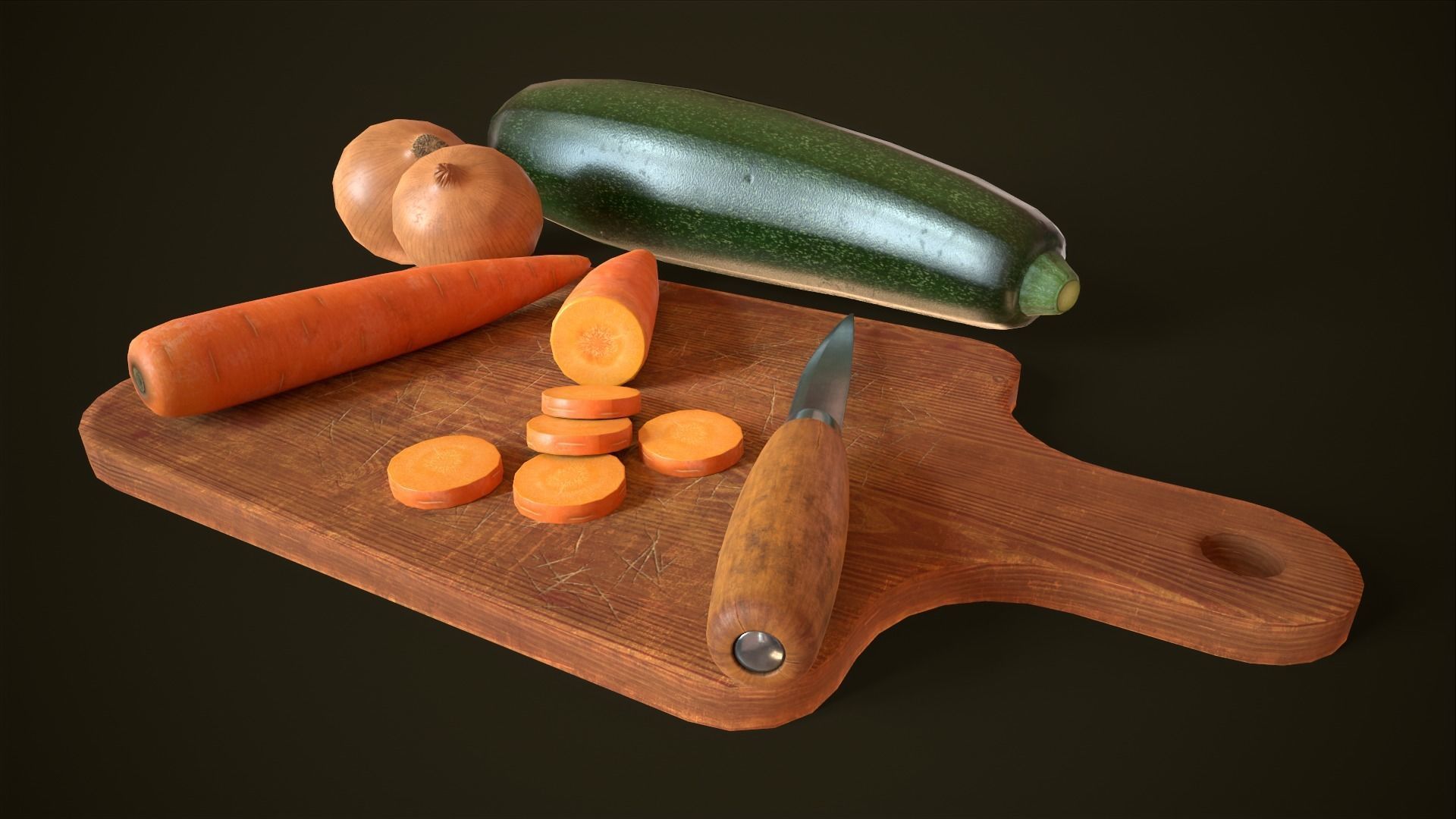 Cutting board vegetables and knife Asset Pack Low-poly 3D model_1