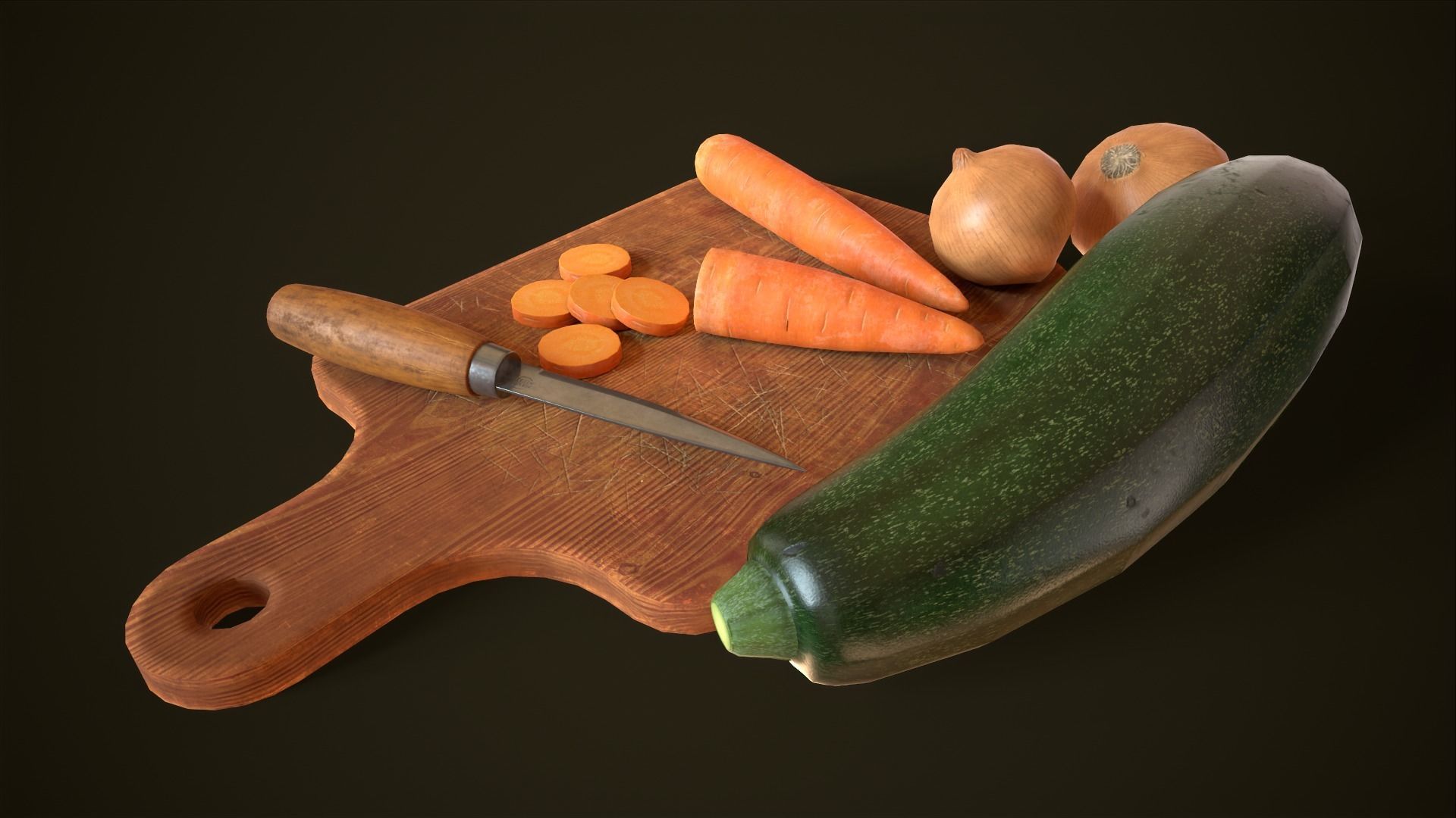 Cutting board vegetables and knife Asset Pack Low-poly 3D model_3