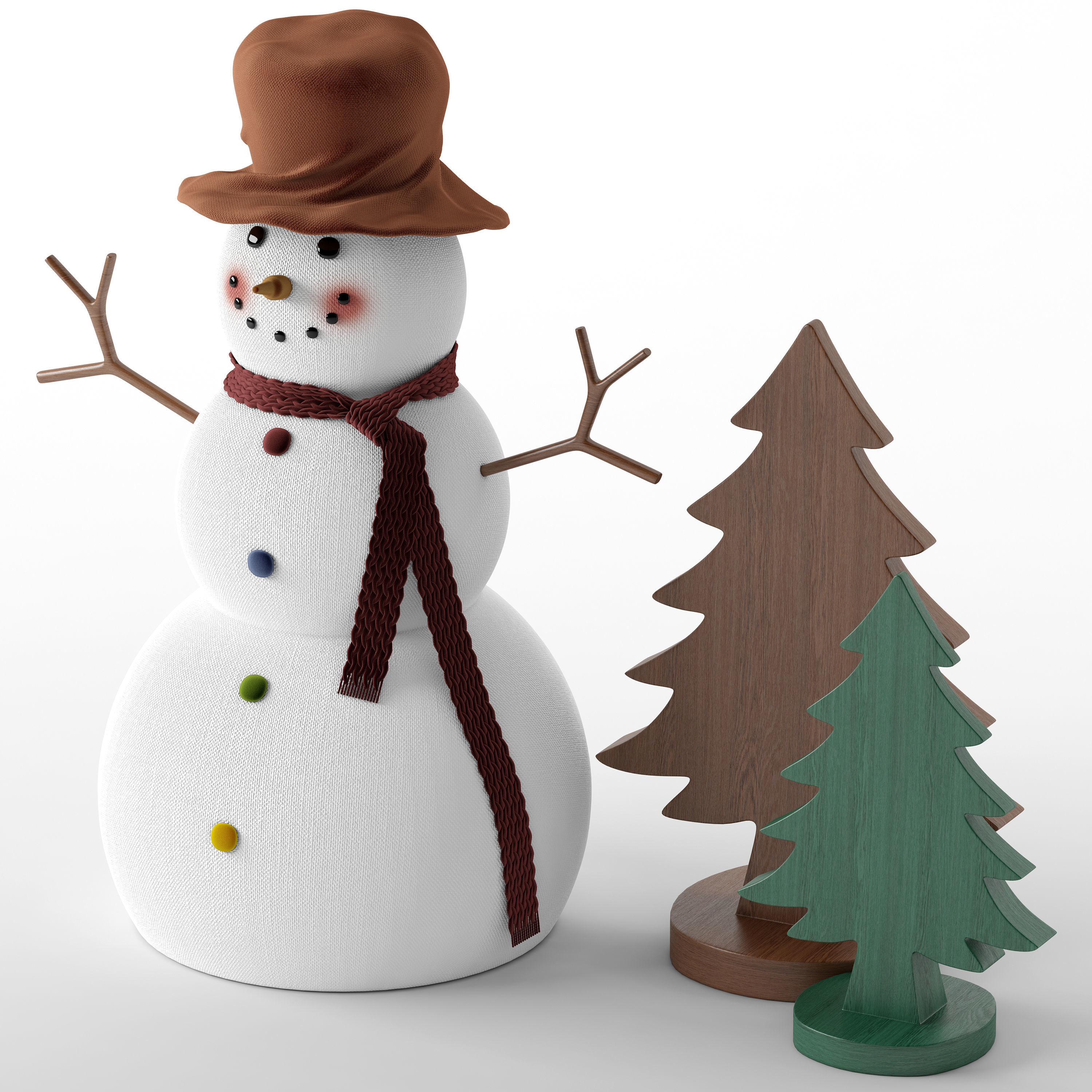 Snowman and wooden Christmas tree 3D model_2
