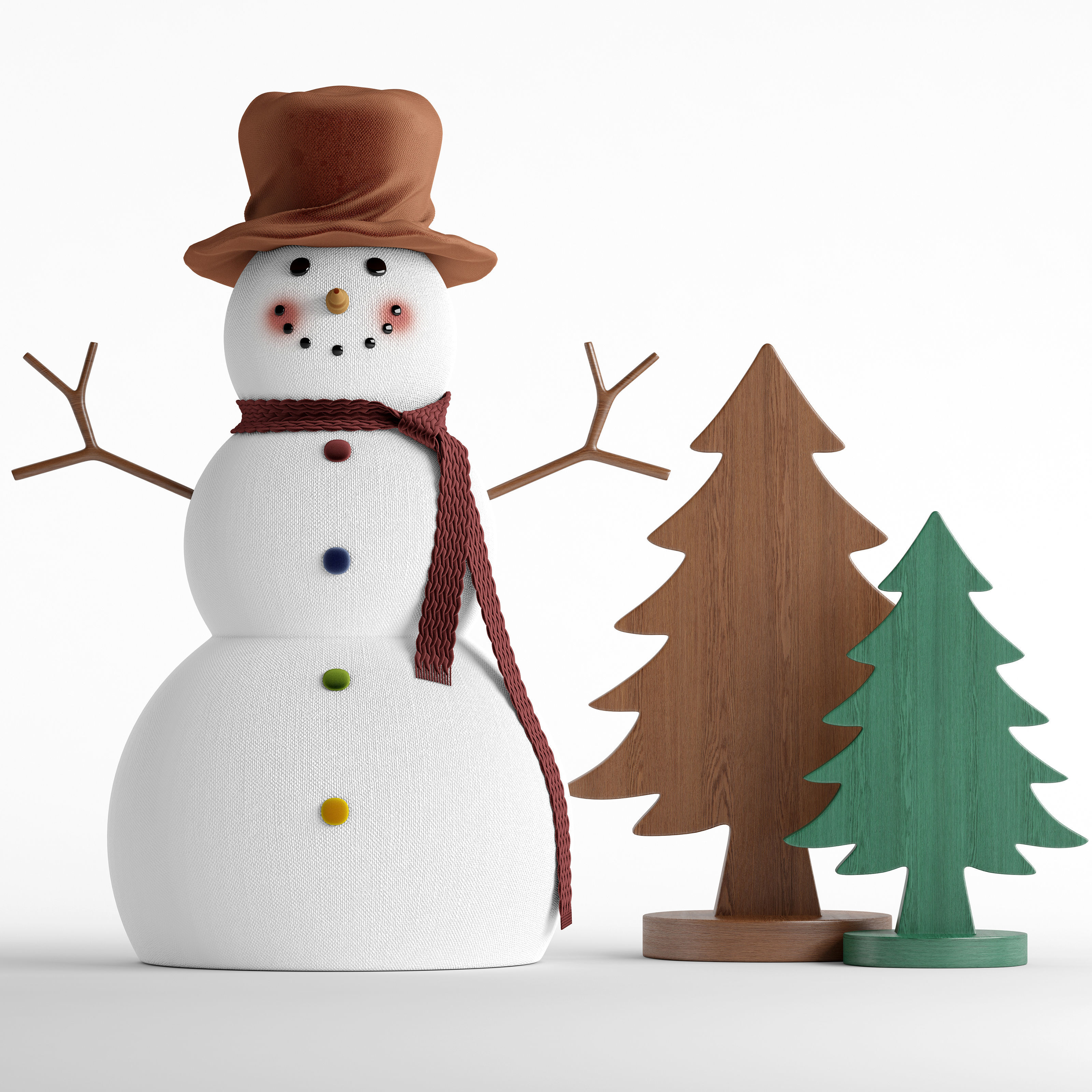Snowman and wooden Christmas tree 3D model_1