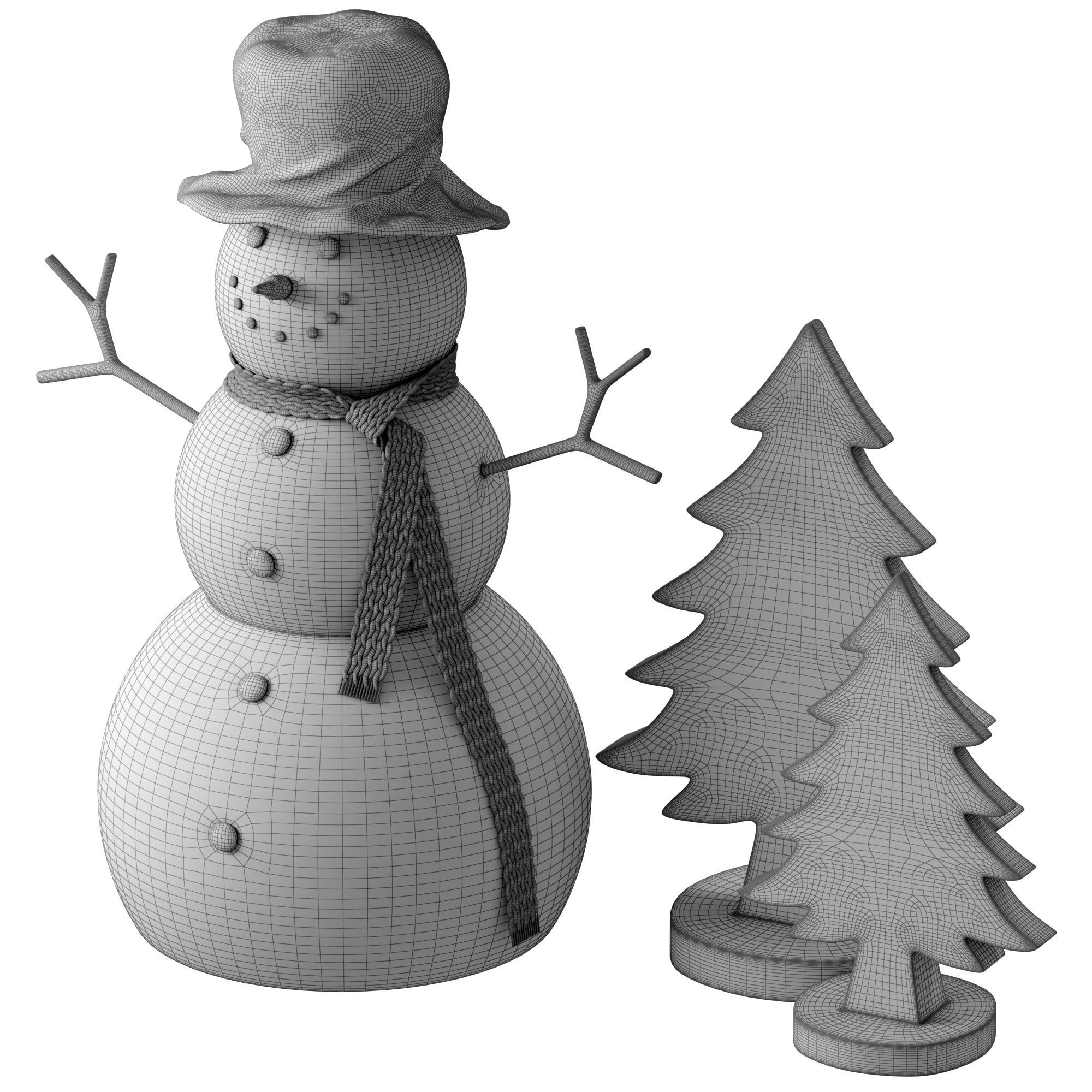 Snowman and wooden Christmas tree 3D model_4
