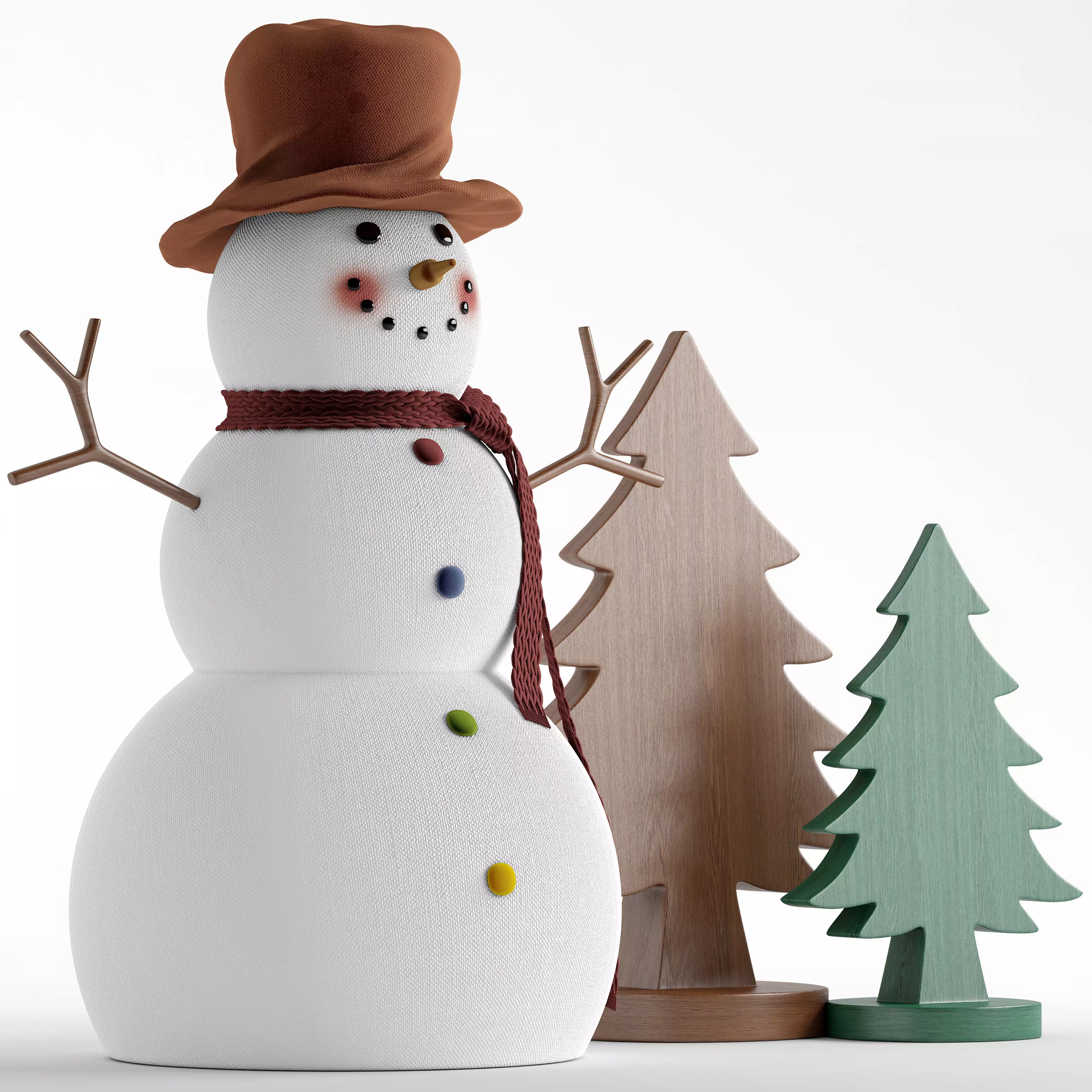 Snowman and wooden Christmas tree 3D model_0