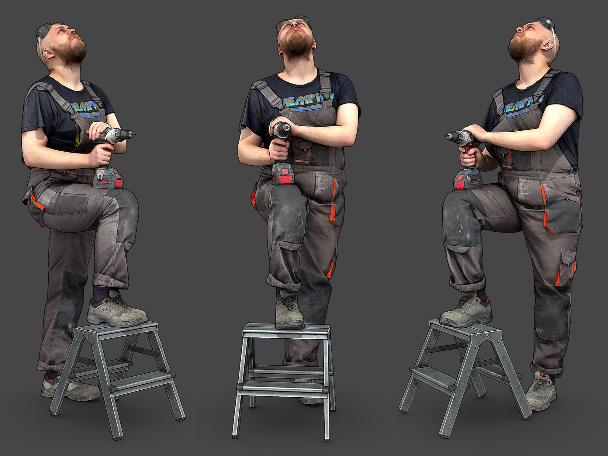Bald Worker in Overalls 3D Model Collection_12