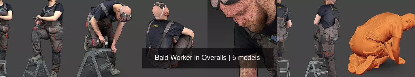 Bald Worker in Overalls 3D Model Collection_1
