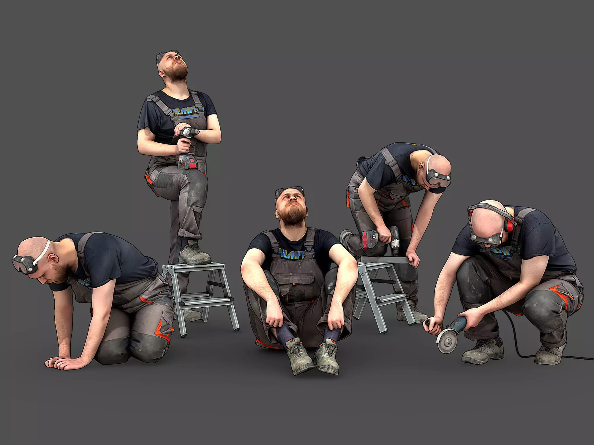 Bald Worker in Overalls 3D Model Collection_0