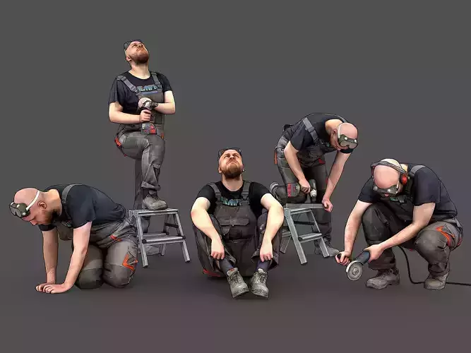 Bald Worker in Overalls 3D Model Collection