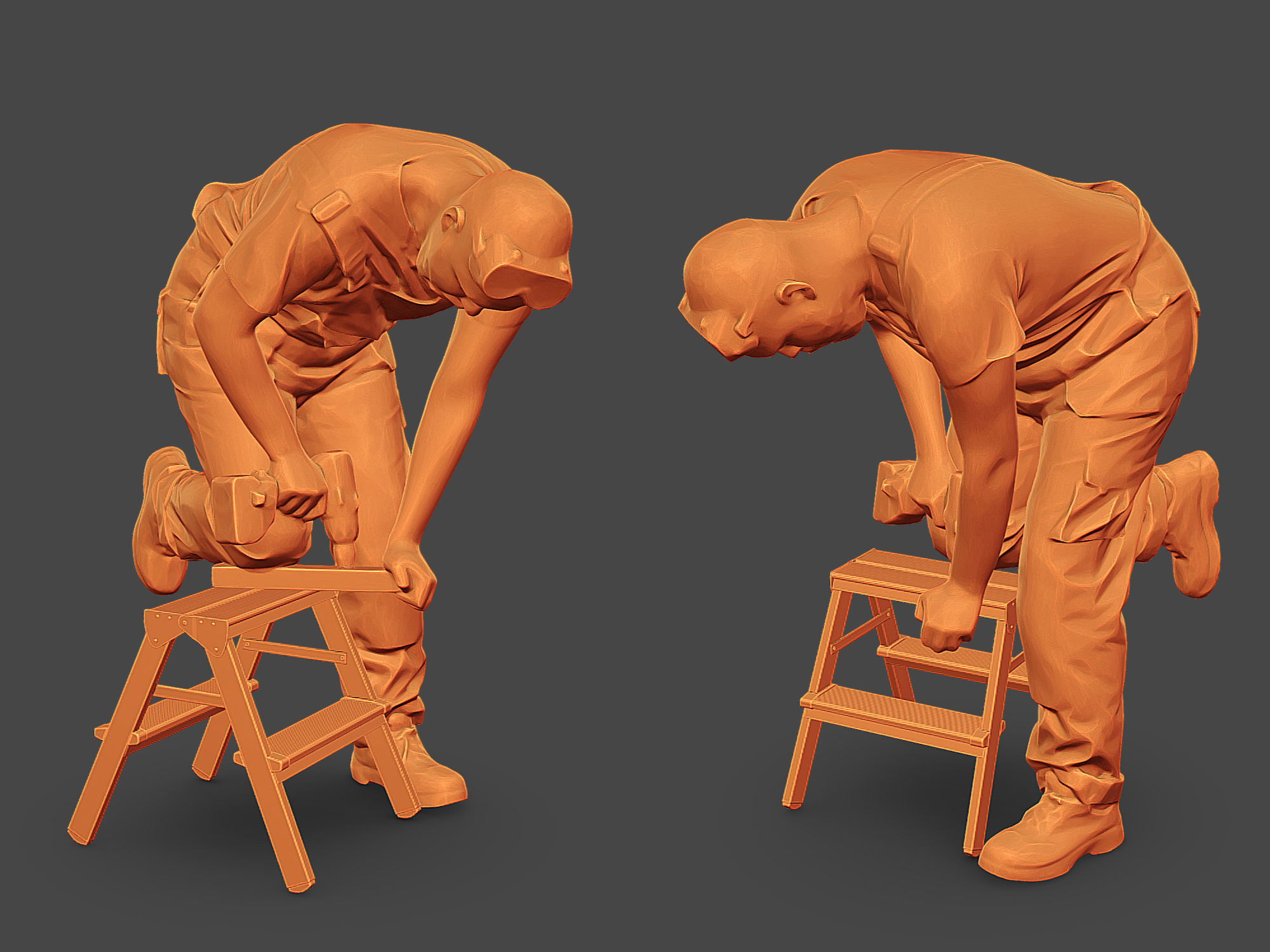 Bald Worker in Overalls 3D Model Collection_11