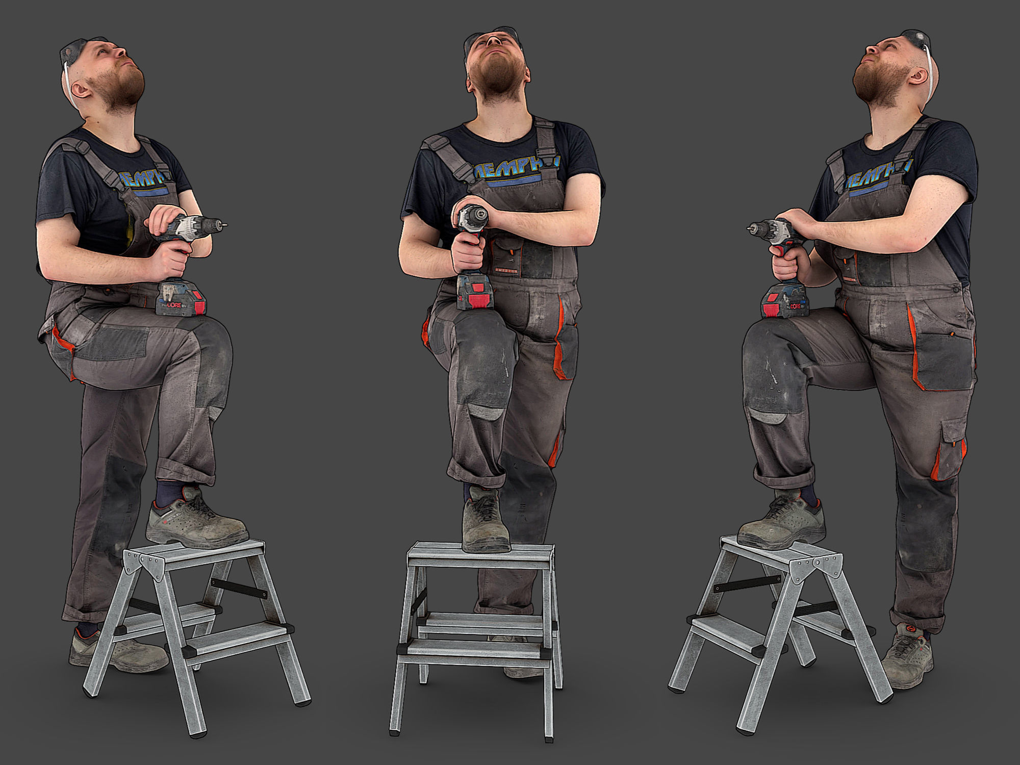 Bald Worker in Overalls 3D Model Collection_13