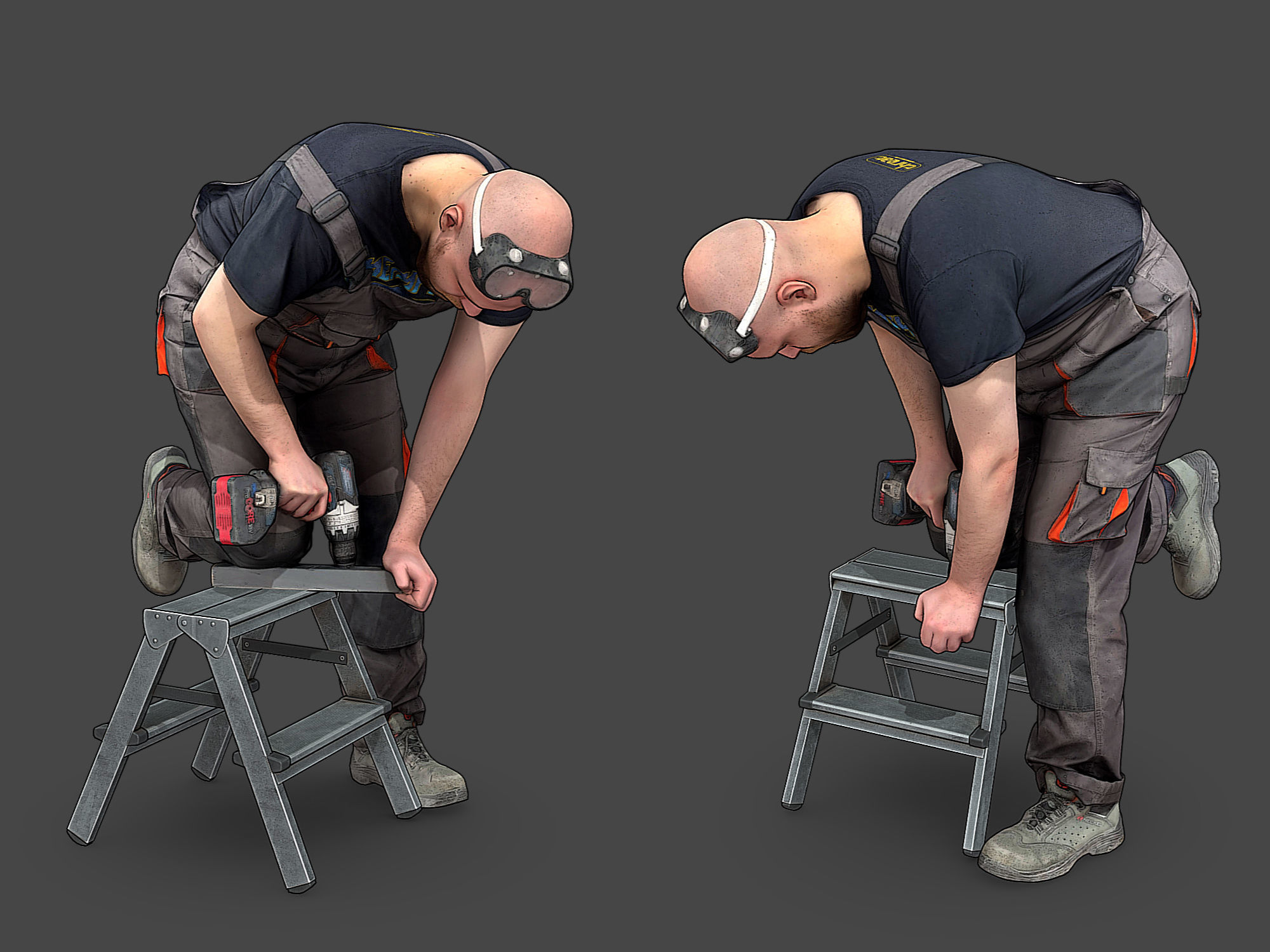 Bald Worker in Overalls 3D Model Collection_9