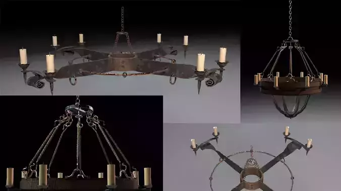 PBR Medieval Chandelier 2 Model Set Old Candle Decor  3D model