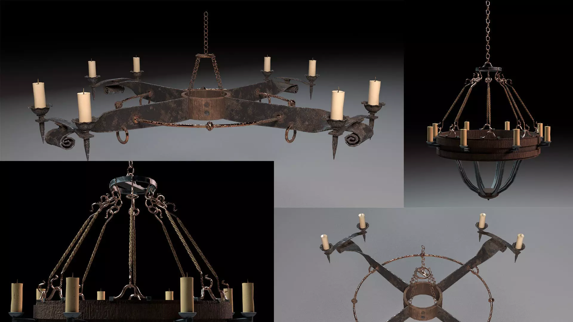 PBR Medieval Chandelier 2 Model Set Old Candle Decor 3D model