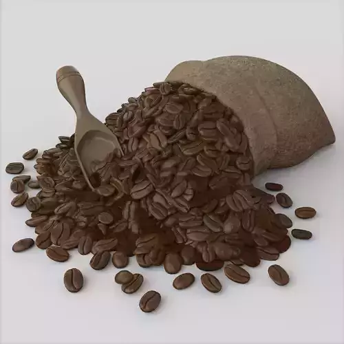 Coffee beans in sack with spoon 3D model