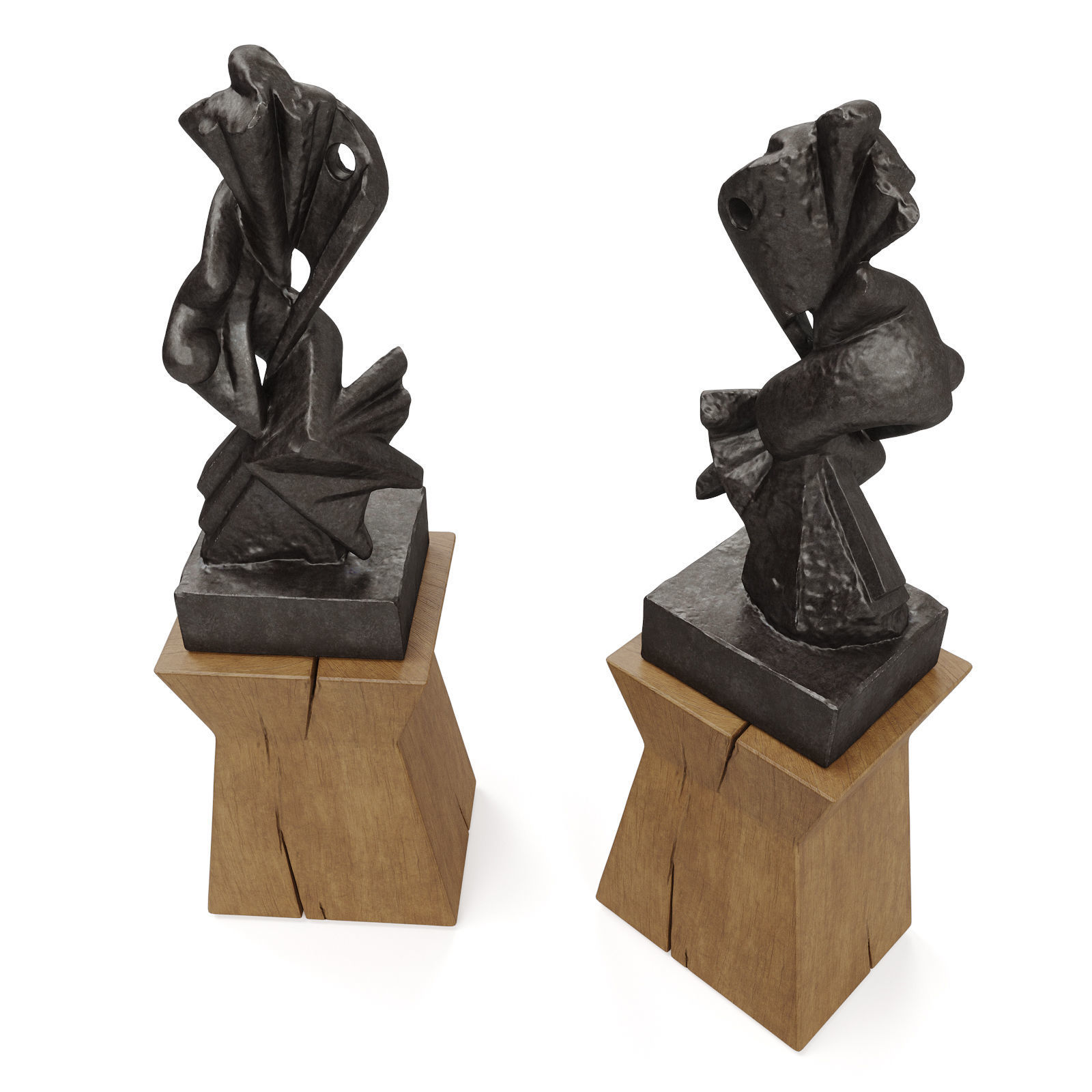 Metal Abstract figure wooden pedestal Low-poly 3D model_2