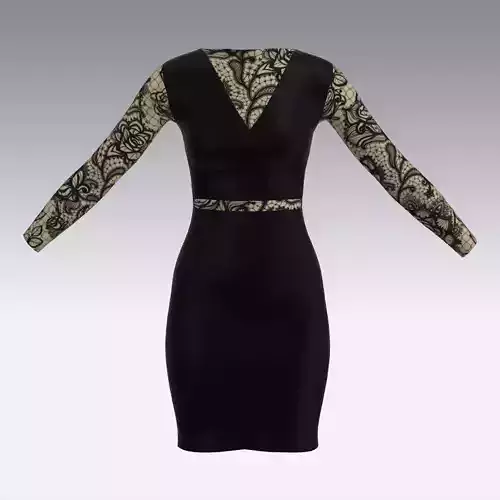 DRESS SLEVEE BELT LACE BLACK DRESS