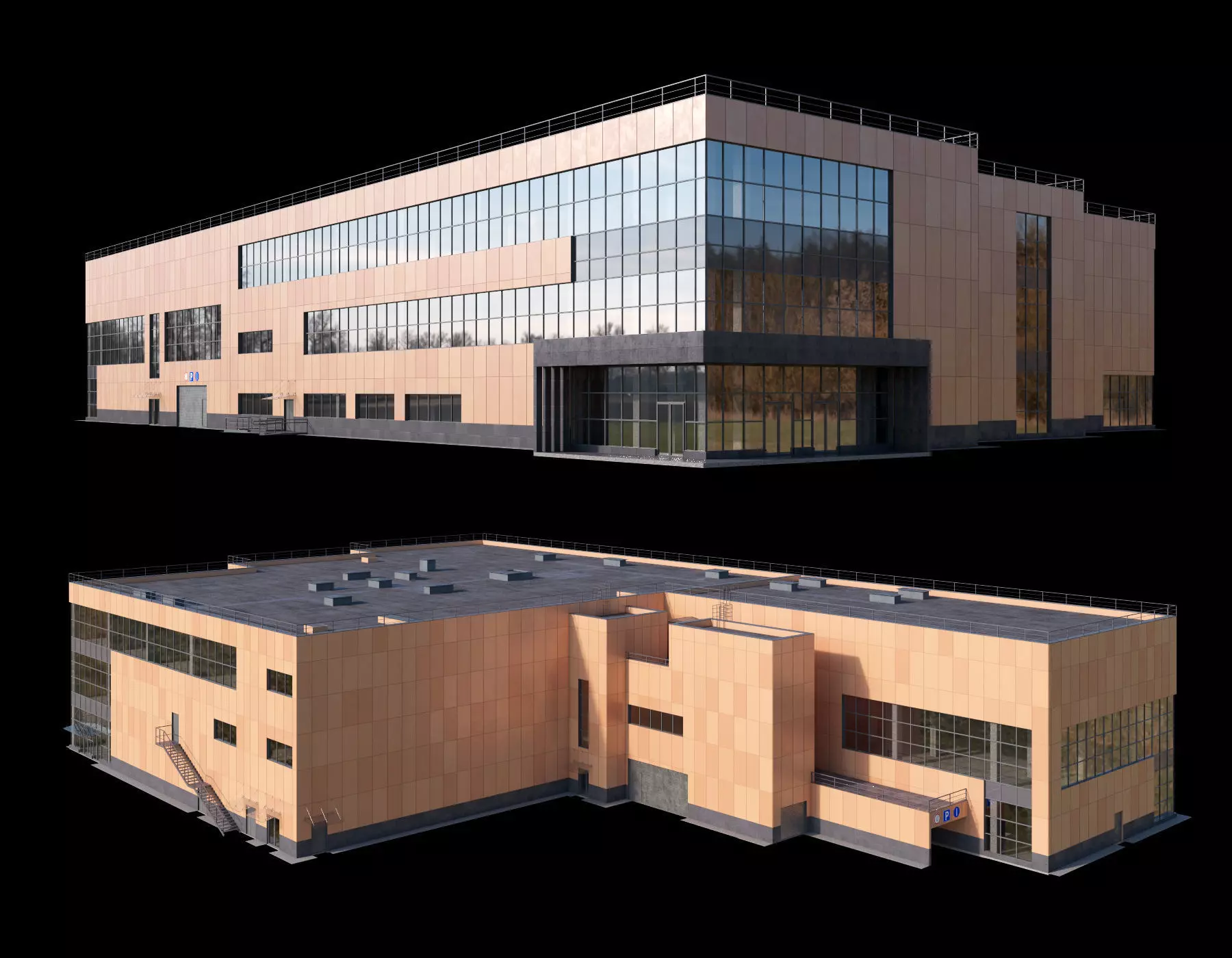 Shopping mall with parking building 3D model_0