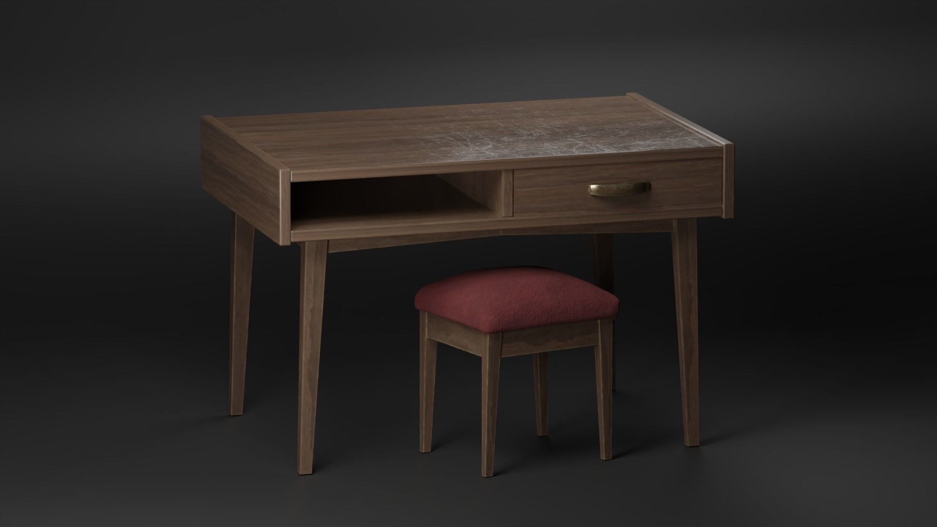  Old vintage table and chair Low-poly 3D model_1