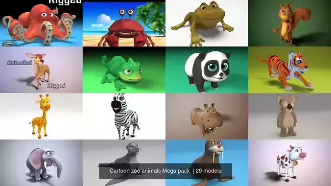 Cartoon zoo animals Mega pack  3D Model Collection