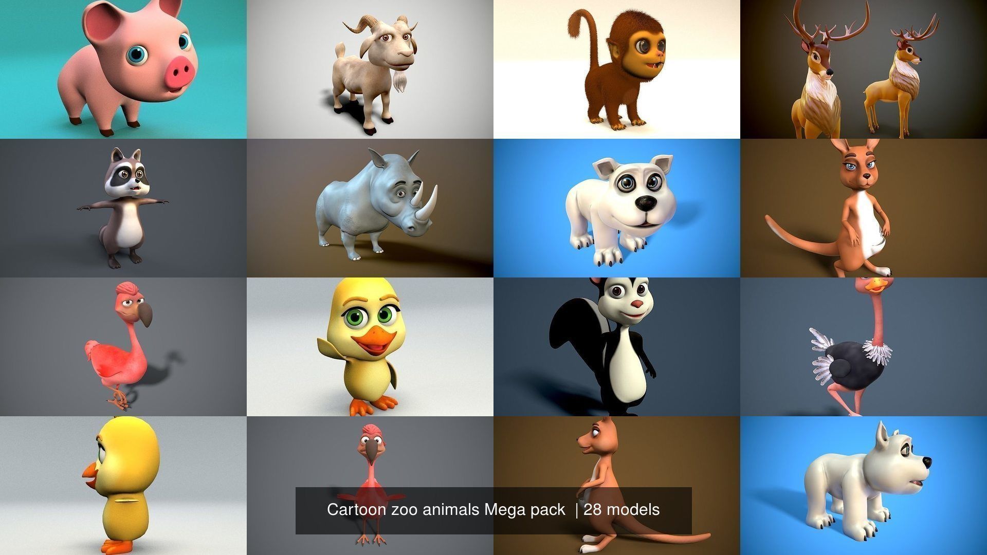Cartoon zoo animals Mega pack 3D Model Collection_24