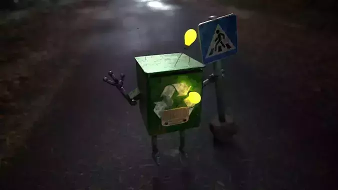 Robot holding sign in middle of road