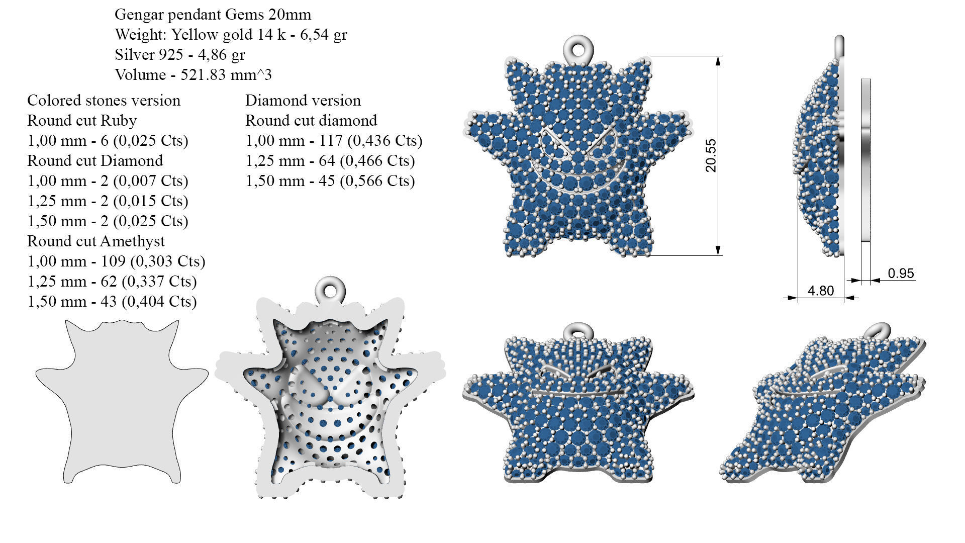 Gengar pendant wiht Gems 20mm 3D print model_6