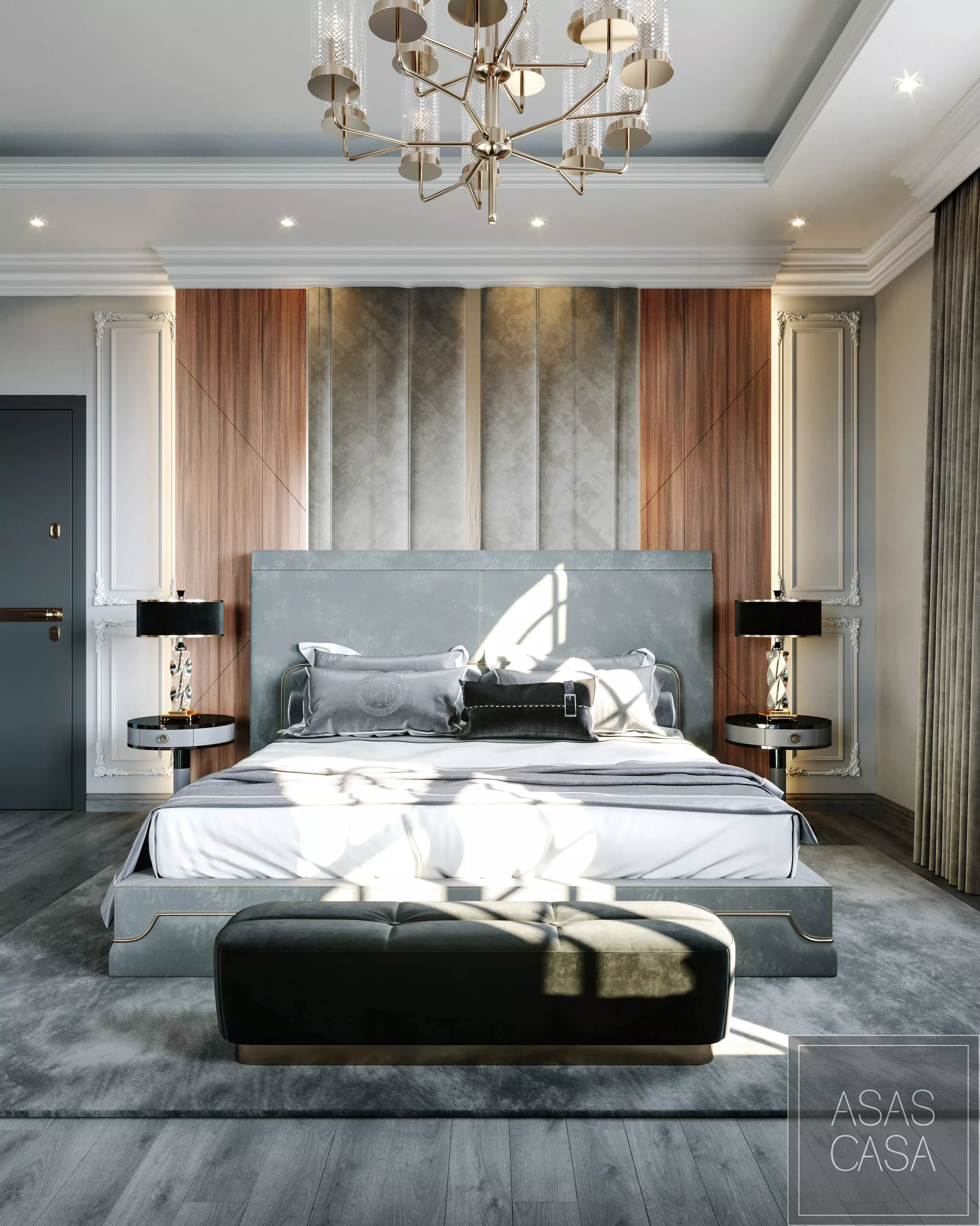 bedroom-blackgray modern bedroom with wood paneling and chand... Low-poly 3D model