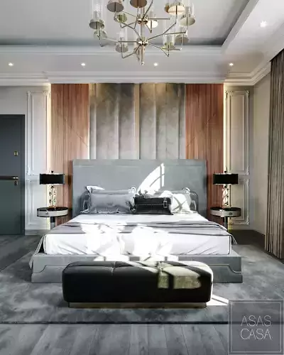 bedroom-blackgray modern bedroom with wood paneling and chandelier