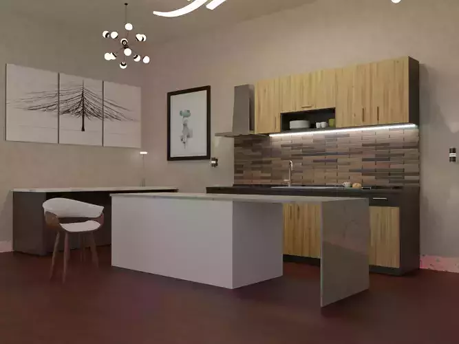 3D KITCHEN with wooden cabinets and pendant light