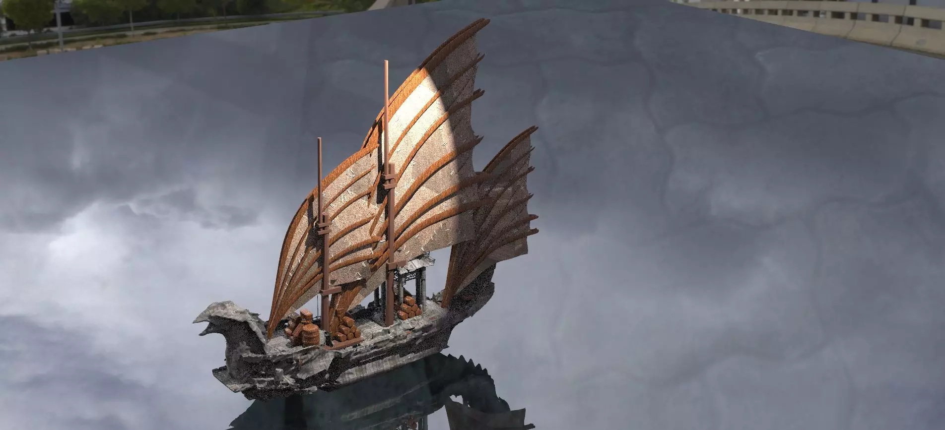 Asian Red Fin sailed Ship bigger patchwork sails 3D model_0