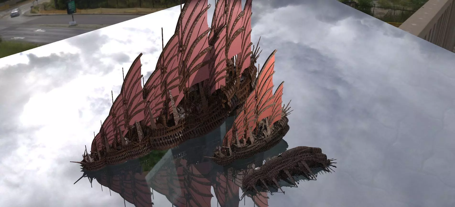 Emporors Asian Red Fin sailed Ship and kings ship 3D model_0