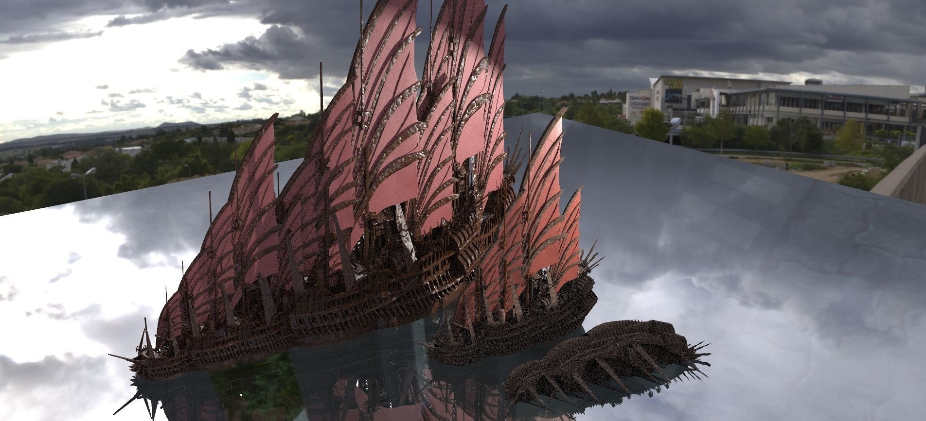 Emporors Asian Red Fin sailed Ship and kings ship 3D model_1