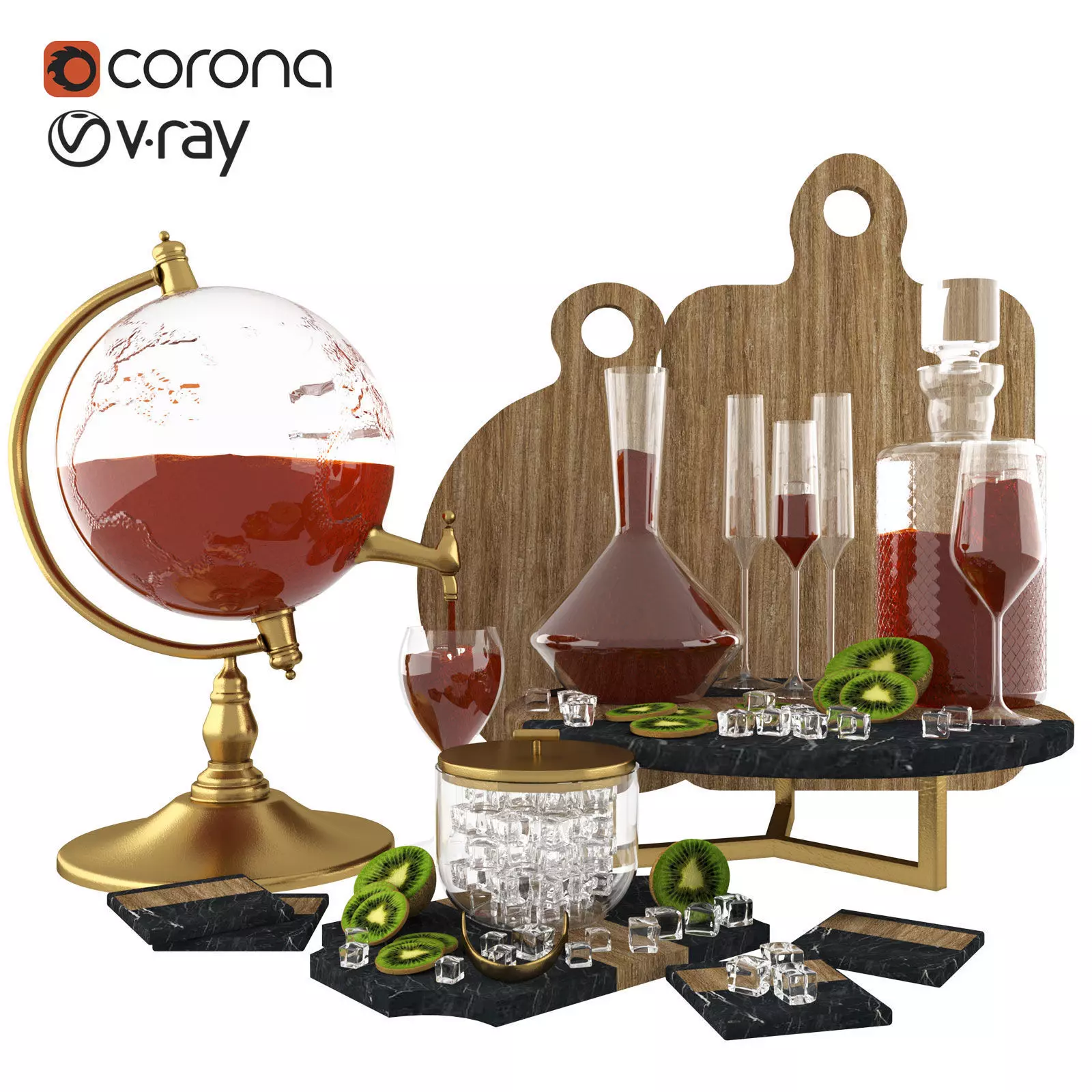 Set with fruit and wine Low-poly 3D model