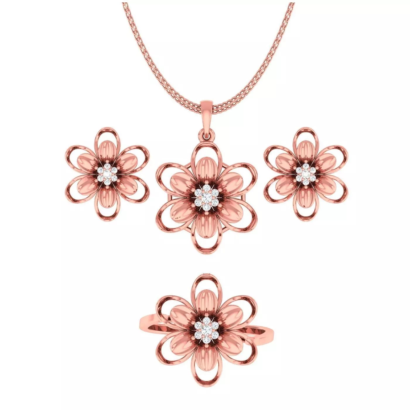 Light weight flower ring earrings pendant set 3dm stl 4 renders 3D print model_0