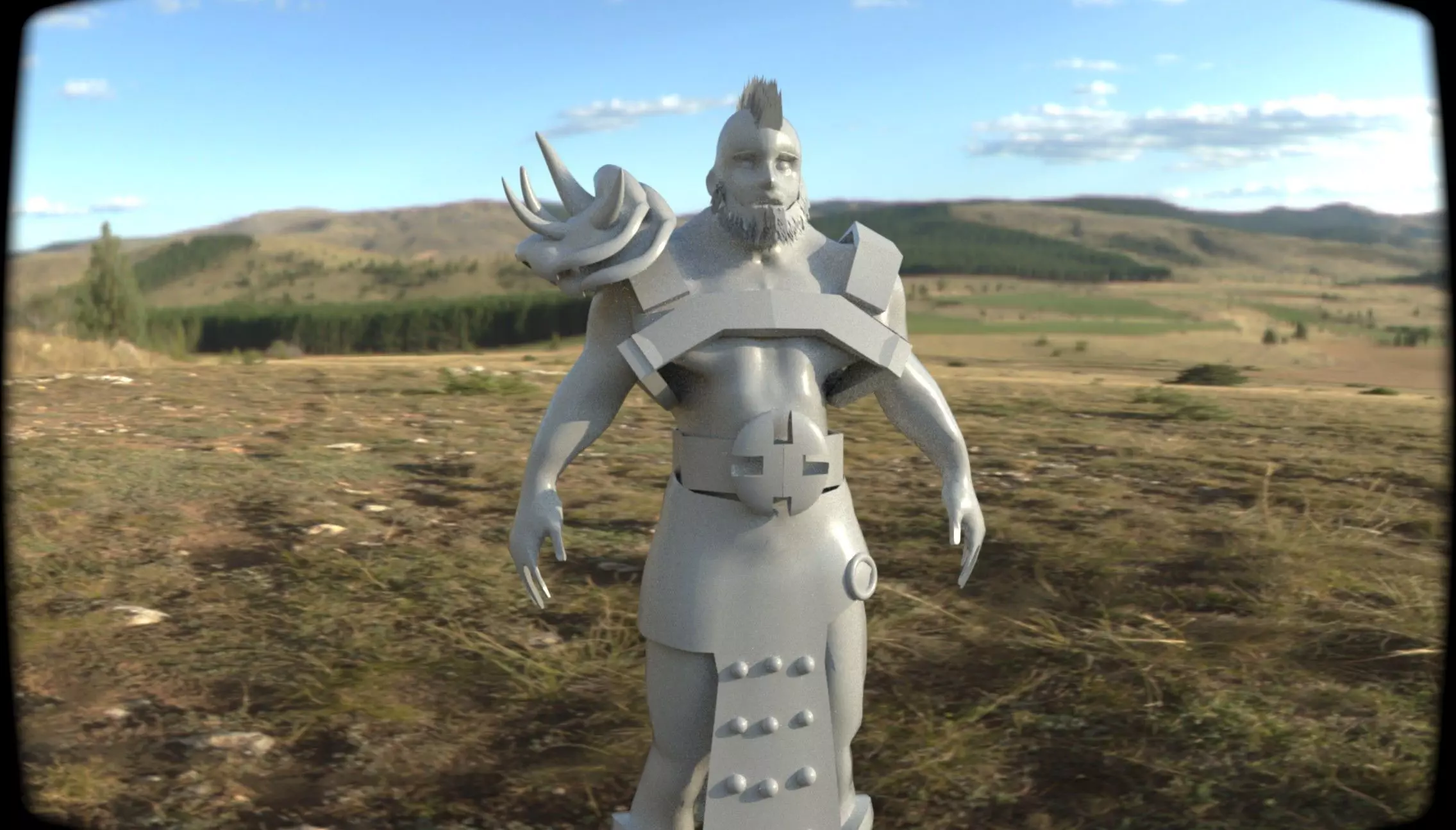 Warrior statue in middle of field 3D model