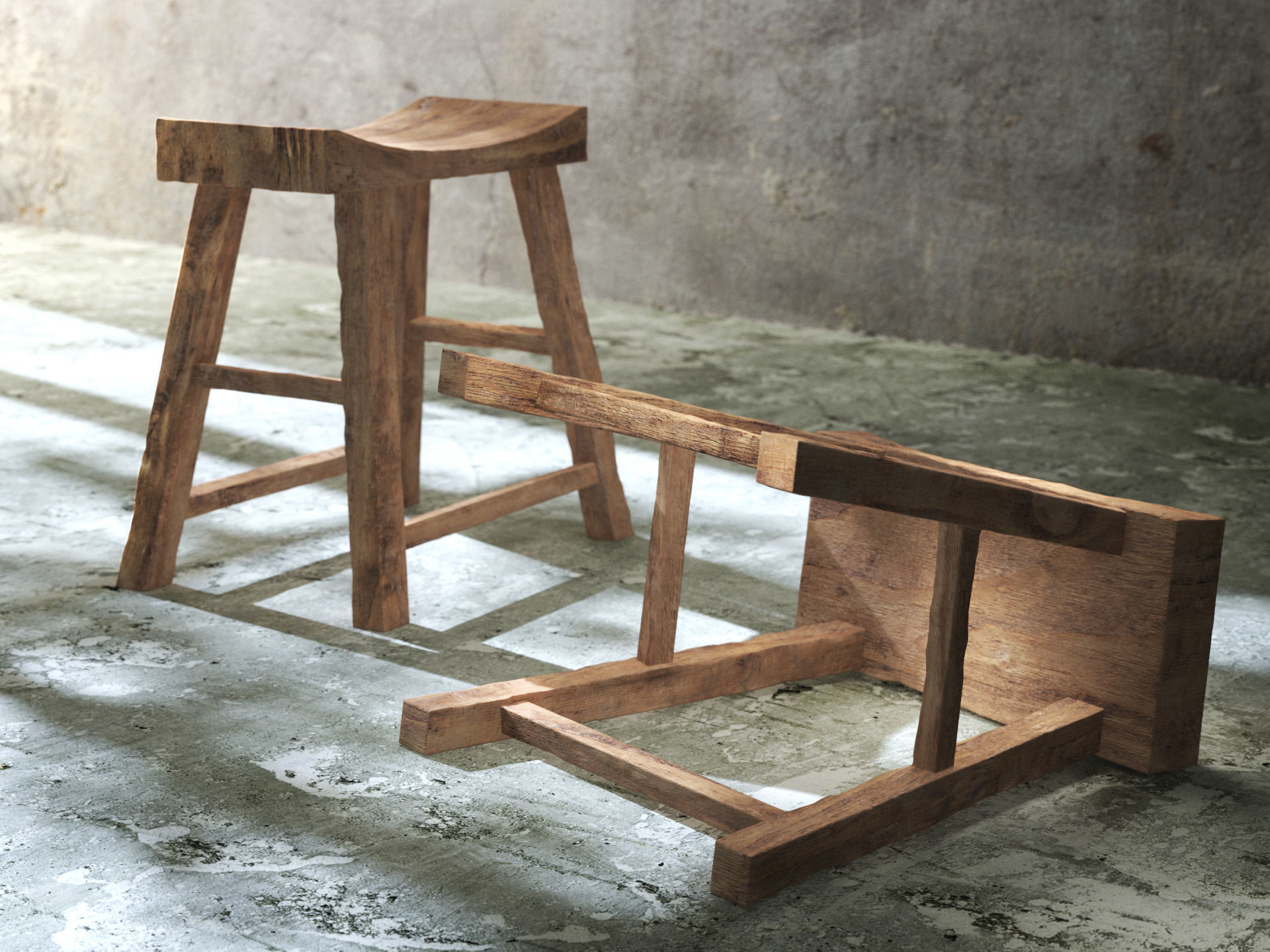 Old Wooden Chair Low-poly 3D model_3