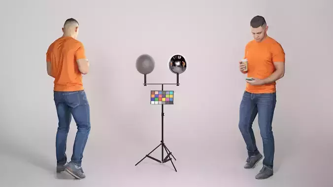 Young man with coffee using smartphone 342