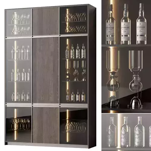 Cupboard bar cabinet with glass shelves and wine glasses