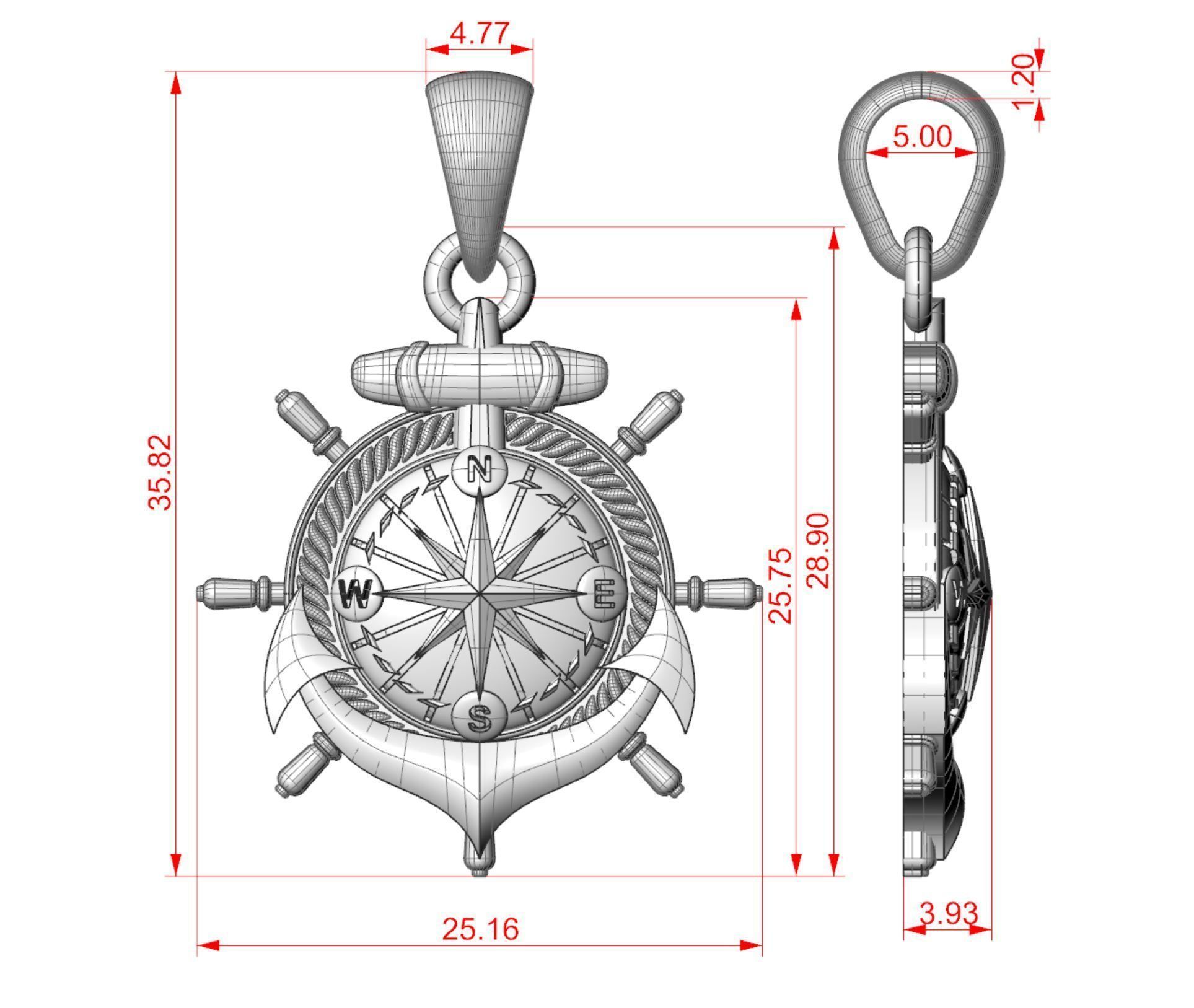 Anchor rudder and compass pendant 3D print model_12