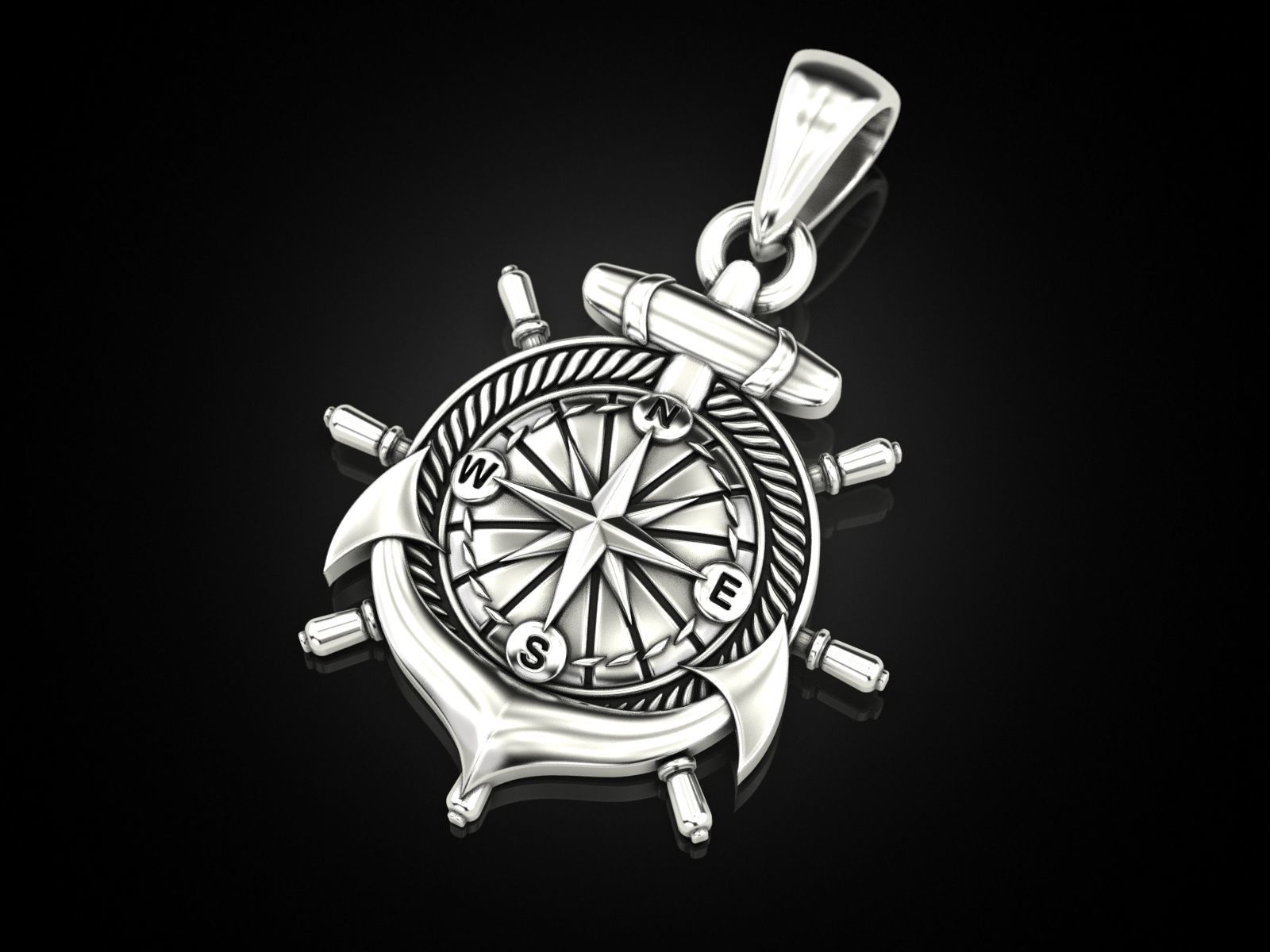 Anchor rudder and compass pendant 3D print model_4