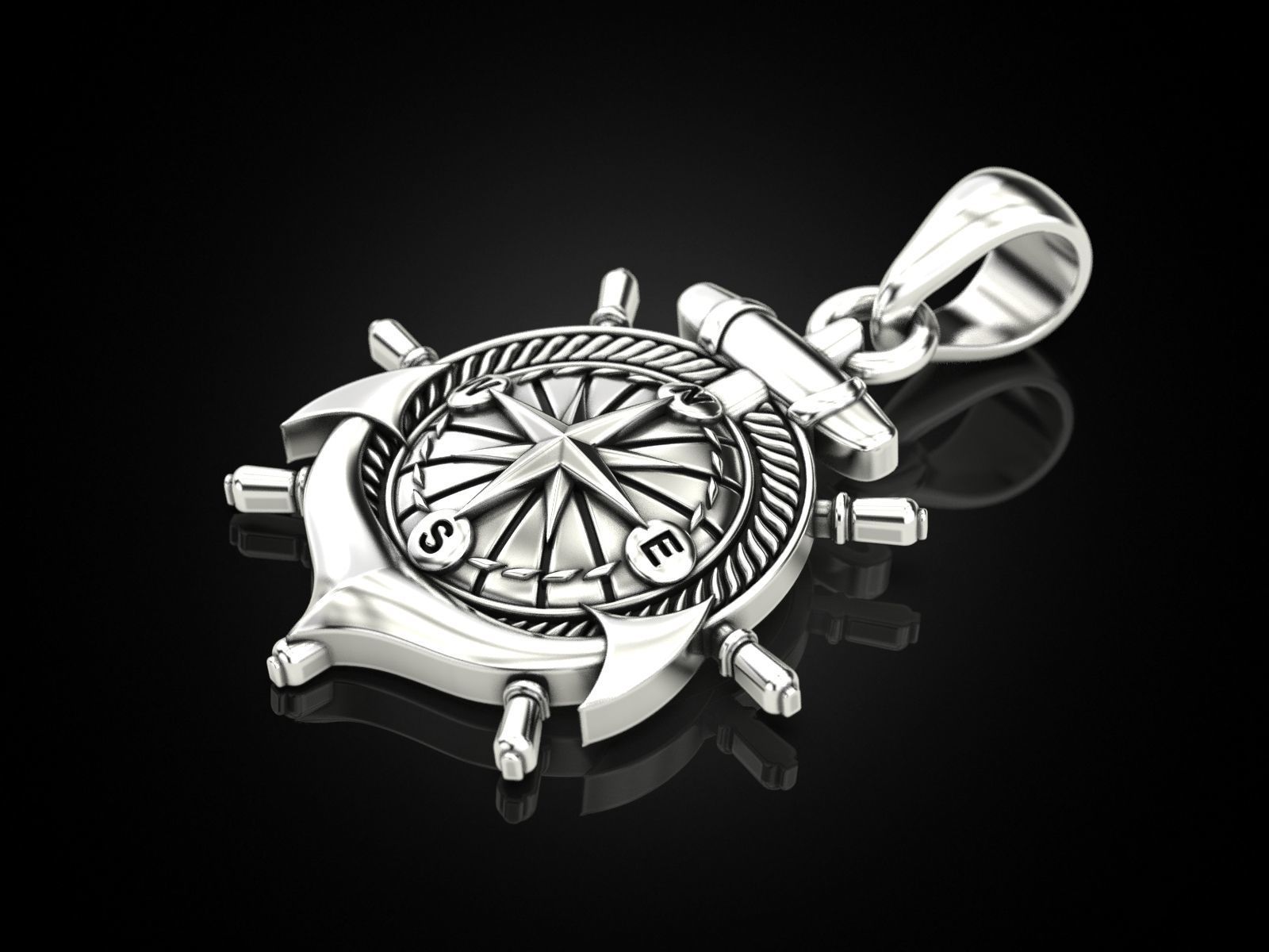 Anchor rudder and compass pendant 3D print model_8