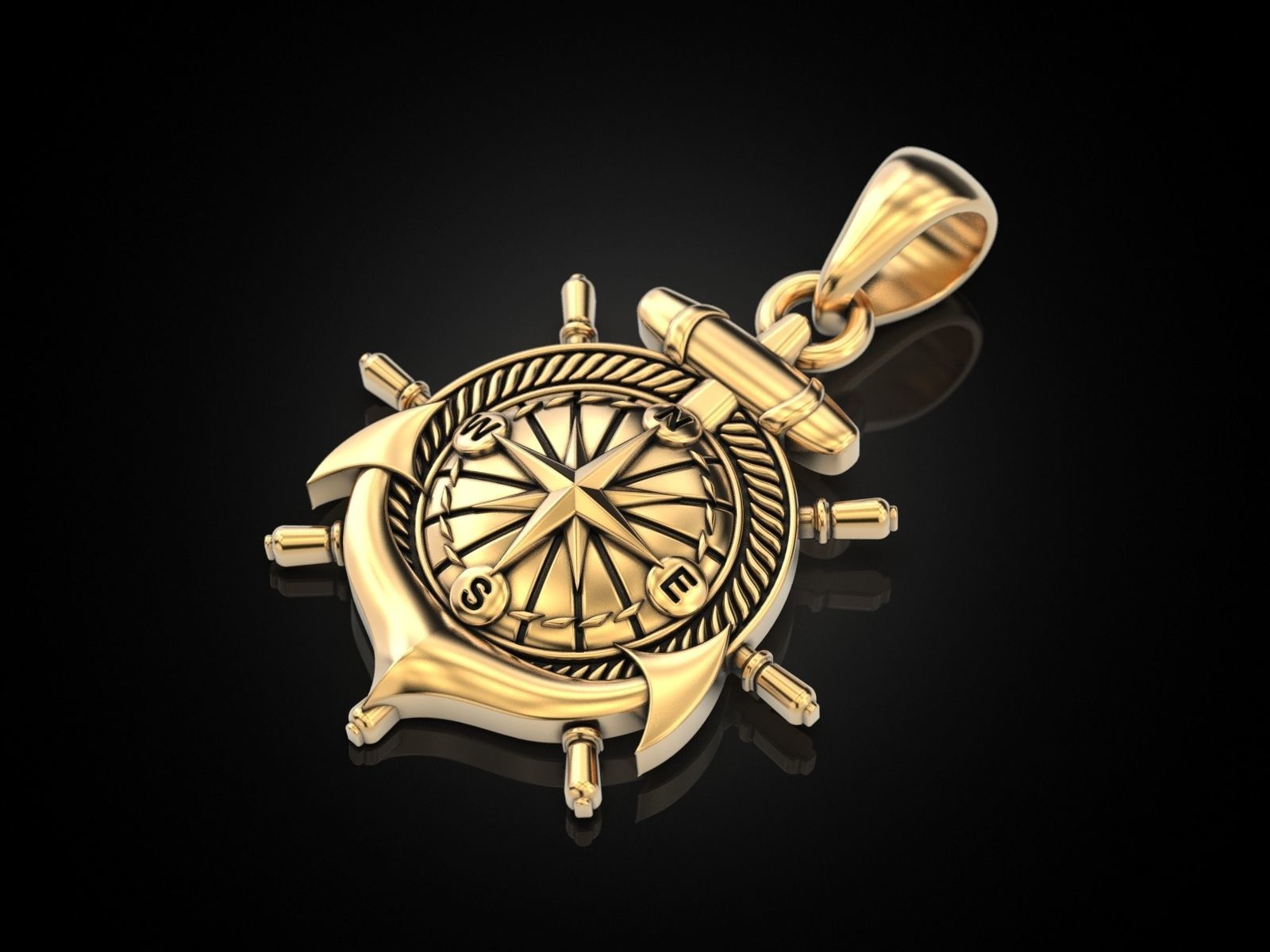 Anchor rudder and compass pendant 3D print model_1