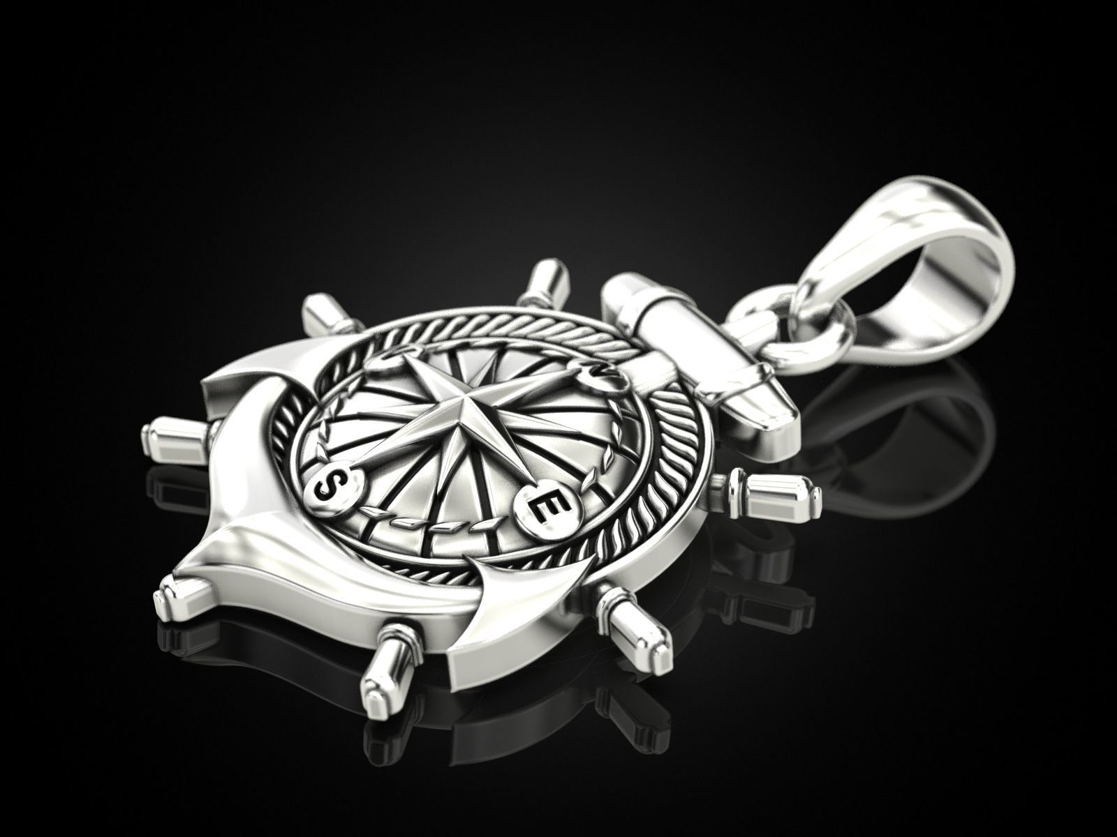 Anchor rudder and compass pendant 3D print model_7