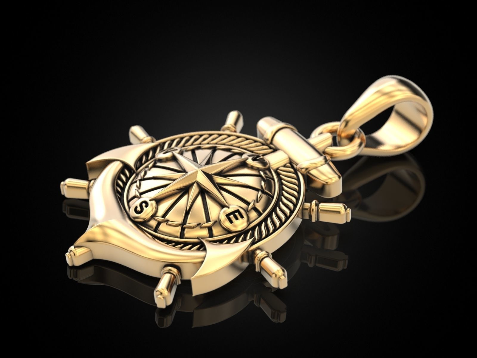 Anchor rudder and compass pendant 3D print model_2