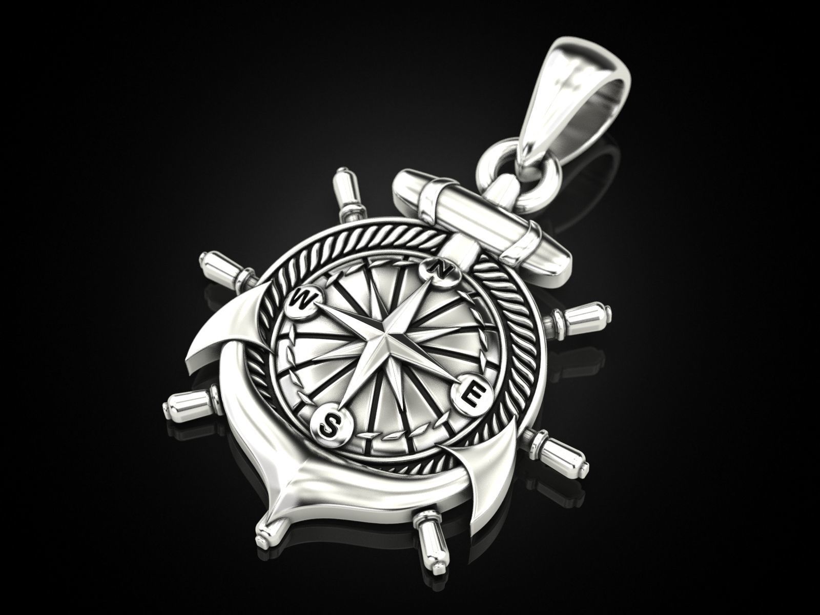 Anchor rudder and compass pendant 3D print model_5