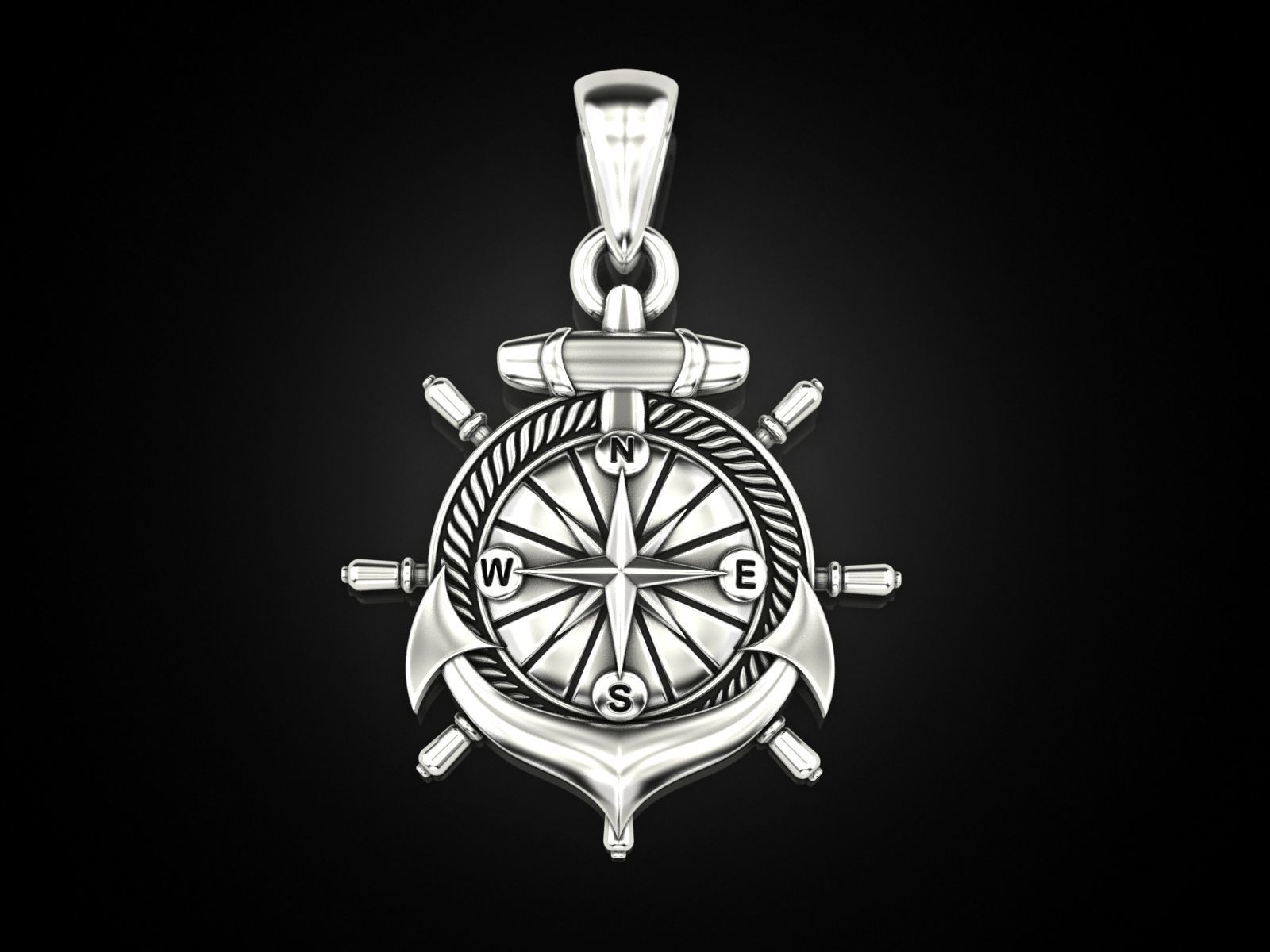 Anchor rudder and compass pendant 3D print model_6