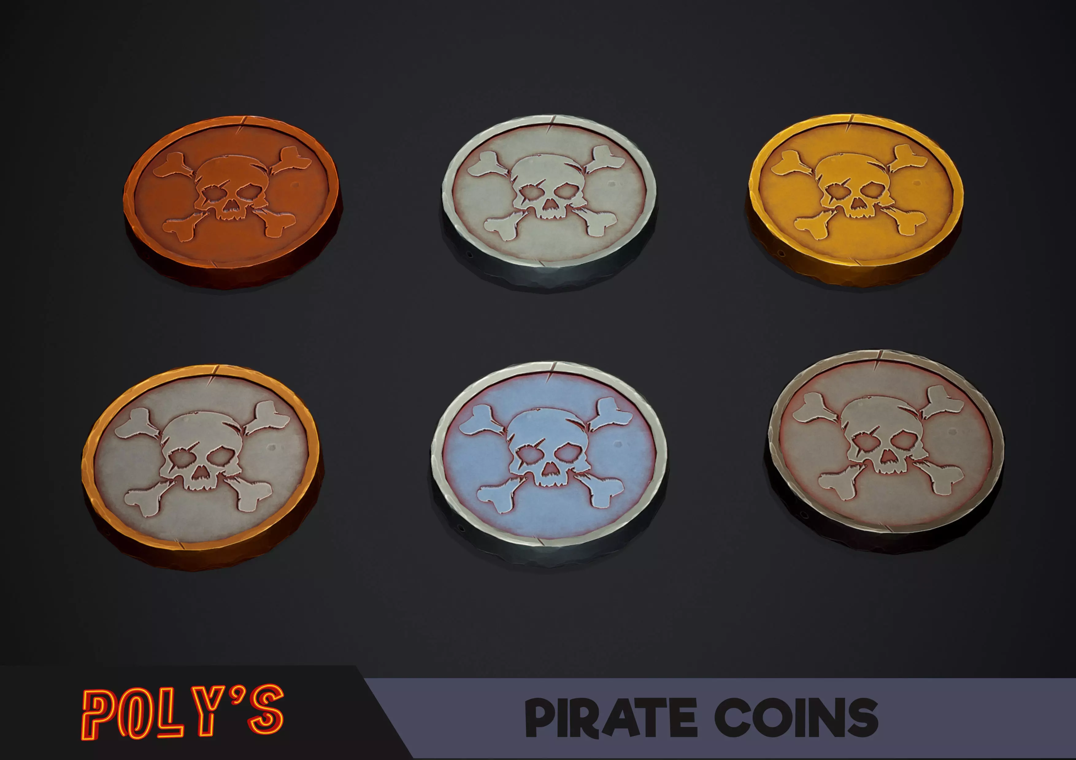 Coins - Pirate Coins with Skulls - Stylized Low-poly 3D model_0