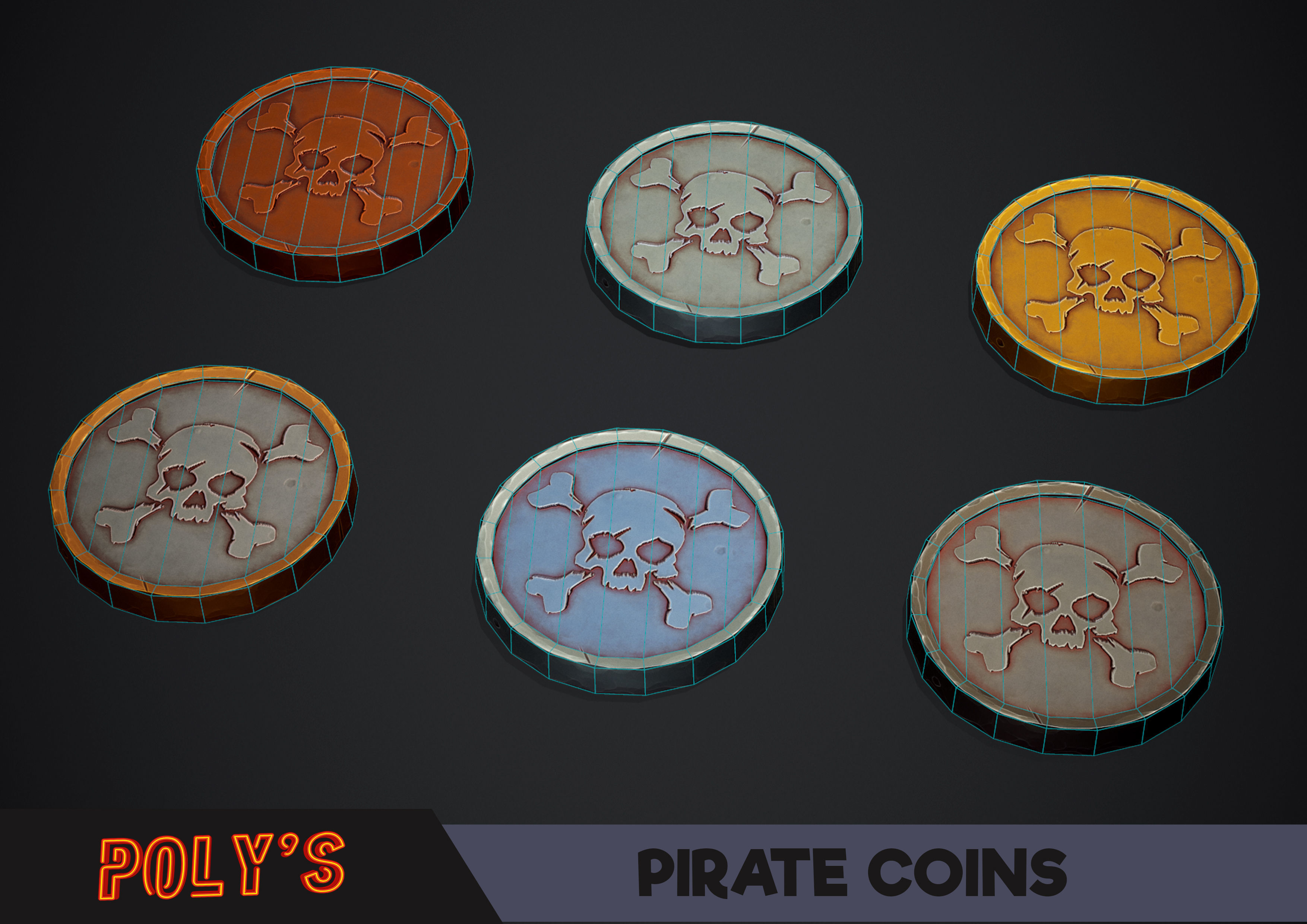Coins - Pirate Coins with Skulls - Stylized Low-poly 3D model_2