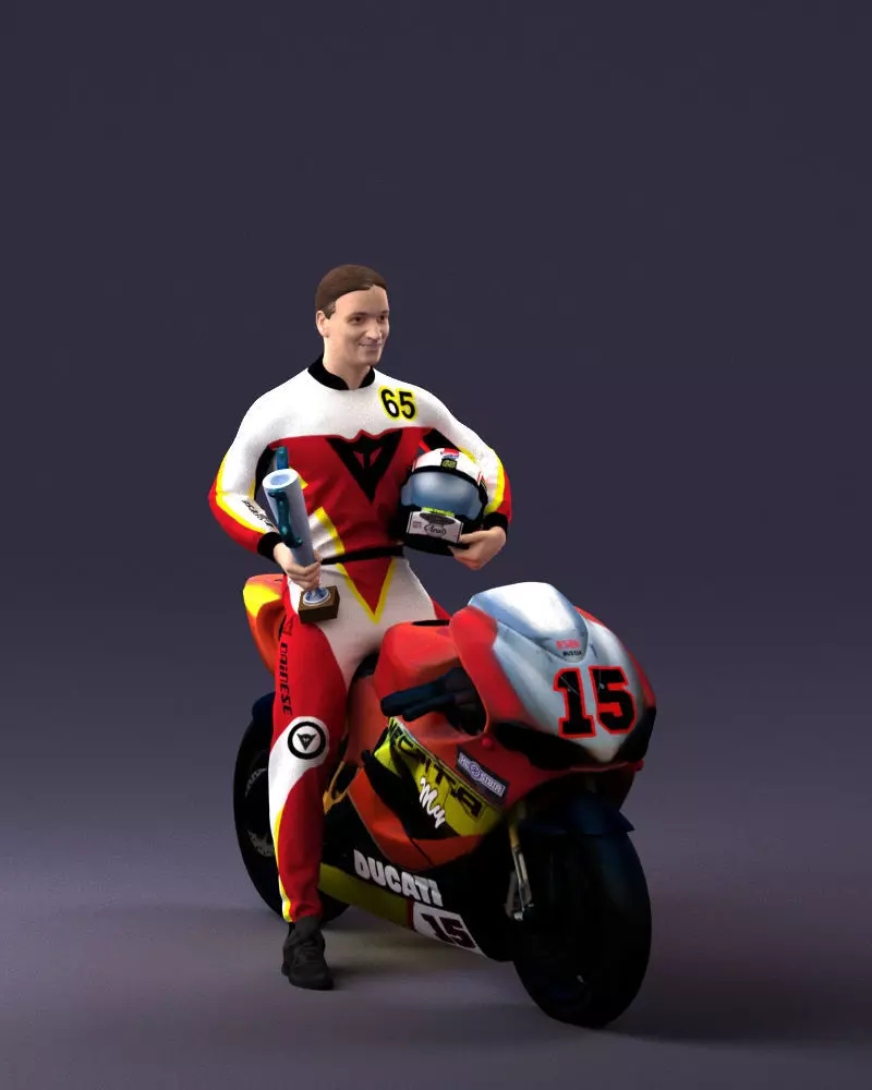 000171 Motorcycle Racer with Bike Helmet and Trophy 0809 3D print model