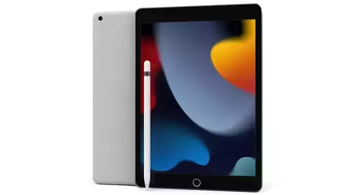 Apple iPad 10-2 2021 Silver With pencil 3D model Apple iPad 10-2 2021 Silver With pencil 3D model